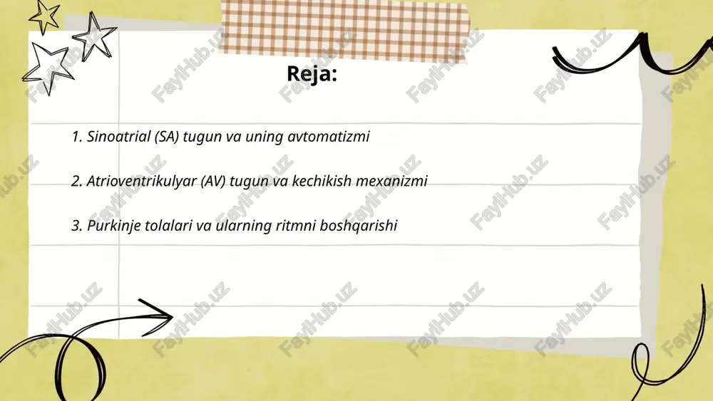 mni saqlash va aritmiyalarga sezgirlikda muhim rol o‘ynaydi. ... t.me/ziyokortalababot 4. yurak avtomatik potentsialining ion mexanizmlari (na+, ca2+, k+) yurak avtomatik potentsialida if (hcn) orqali lenta na+ oqimi diastolik depolarizatsiyani boshlaydi (-60 dan -40 mv), t-tip ca2+ qo'shimcha depolarizatsiyani ta'minlaydi, l-tip ca2+ esa aksion potentsialini boshlaydi (boshlanish ≈ -40 mv). na+/ca2+ ekschanger (ncx) ichki ca2+ chiqishi bilan ichki na+ oqimini keltirib depolarizatsiyani kuchaytiradi. k+ oqimlari (kechikkan rectifier ikr/iks va ik1 nisbatan kam) repolarizatsiya va diastolik potentsialni barqarorlashtiradi. ... t.me/slaydai_bot avtomatik to‘qimalarda 0-faza: depolarizatsiya (ca2+ asosan ical) 1-faza: yo‘qolishi yoki minimal 2-faza: qisqacha plato 3-faza: repolarizatsiya (k+ chiqish ik) 4-faza: diastolik depolarizatsiya (if, background na+, t-ca). nonavtomatik to‘qimalarda 0-faza: tez na+ oqimi (ina) bilan keskin depolarizatsiya 1-2-faza: kichik yoki mavjud 3-faza: repolarizatsiya (ik) 4-faza: barqaror resting potential, avtomatik depolarizatsiya yo‘q. ... t.me/slaydai_bot pacemaker potentsiali (diastolik depolarizatsiya) yurak avtomatik hujayralarda (sa, av tugunlari, purkinje tolalari) muntazam ravishda membrana potentsialini -60 dan -40 …