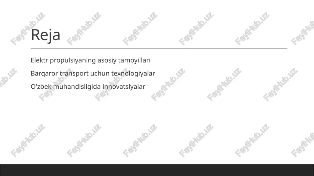ya zichligi va tez zaryad olish imkoniyatiga ega. elektr propulsiyaning samaradorligi va ekologik ta'siri. 01 elektr propulsiyaning samaradorligi elektr propulsiyaning samaradorligi, an'anaviy yoqilg'i bilan ishlaydigan tizimlarga nisbatan energiya sarfini 30-70% ga kamaytiradi, bu esa iqtisodiy jihatdan samarali hisoblanadi. 02 ekologik ta'sir elektr propulsiya tizimlari, chiqindi gazlarni kamaytirish orqali havoni tozalashda muhim rol o'ynaydi, bu esa ekologik muammolarni hal qilishda katta ahamiyatga ega. 03 barqaror energiya manbalari elektr propulsiyada quyosh, shamol, va boshqa barqaror energiya manbalaridan foydalanish, energiya ta'minotini barqarorlashtiradi va ekologik xavfsizlikni ta'minlaydi. 04 moliya va iqtisodiyot elektr transport vositalarining iqtisodiy samaradorligi, yoqilg'i xarajatlarini kamaytirish va uzoq muddatli investitsiya imkoniyatlarini oshirish orqali iqtisodiy o'sishni qo'llab-quvvatlaydi. elektr propulsiyaning transport sohasidagi o'rni va kelajagi. elektr propulsiya transport sohasida inqilobiy o'zgarishlarga olib kelmoqda. u energiya samaradorligini oshirib, atmosferaga zararli gazlar chiqarilishini kamaytiradi. kelajakda, elektr transport vositalari iqtisodiy va ekologik jihatdan barqaror yechimlar sifatida keng tarqalishi kutilmoqda. - transport tizimlarida elektr energiyasi asosida ishlovchi …