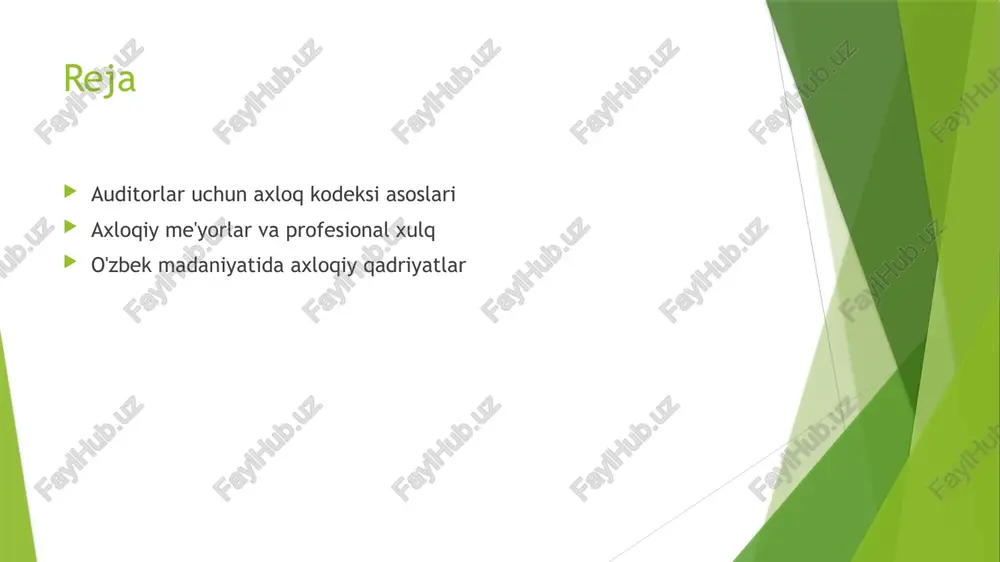 ti va an'analariga bog'liq. mahalliy kontekstda yechimlar yanada samarali bo'lishi mumkin. axloq kodeksining auditorlik jarayonidagi roli va ta'siri. axloq kodeksi tushunchasi auditorlik jarayonida axloq kodeksi auditorlarning professionallik va adolatli munosabatlarini ta'minlashda muhim ahamiyatga ega. mustaqillik va ob'ektivlik axloq kodeksi auditorlarga mustaqil va ob'ektiv qarorlar qabul qilishni talab qiladi, bu esa moliyaviy hisobotlarning ishonchliligini oshiradi. xulq-atvor standartlari auditorlarning xulq-atvor standartlari, axloq kodeksida belgilangan qoidalar asosida, auditorlik faoliyatida etika va professionalizmni saqlab qolish uchun zarur. auditorlik jarayonidagi ta'sir axloq kodeksining auditorlik jarayonidagi ta'siri, auditorlar tomonidan amalga oshirilgan tekshiruvlarning sifatini va natijalarini yaxshilashga olib keladi. auditorlarning axloqiy mas'uliyati va javobgarliklari. 1 auditorlarning mas'uliyati auditorlar, o'z ishlarida yuqori axloqiy standartlarga amal qilish orqali moliya va hisobotlarni aniq va ishonchli tarzda taqdim etishlari kerak. 2 javobgarlik turlari auditorlar o'z ishlarida professional javobgarlik, moliyaviy javobgarlik va huquqiy javobgarlikni o'z ichiga olgan bir qator mas'uliyatlarga ega. 3 axloqiy me'yorlar auditorlar axloq kodekslariga muvofiq harakat qilib, adolat, halollik …