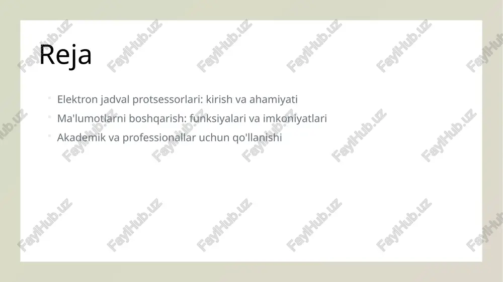 ez va aniq natijalar olish imkonini beradi, bu esa foydalanuvchilarga vaqtni tejaydi. ma'lumotlarni tahlil qilish elektron jadval protsessorlari murakkab ma'lumotlar tahlilini osonlashtiradi, grafik va diagrammalar orqali ma'lumotlarni vizual ko'rsatish imkoniyatini taqdim etadi. elektron jadval protsessorlari va ma'lumotlar tahlilining o'zaro aloqasi. 01 elektron jadval va tahlil elektron jadval protsessorlari ma'lumotlarni tahlil qilishda muhim vosita bo'lib, katta hajmdagi ma'lumotlarni tez va samarali qayta ishlash imkonini beradi. 02 ma'lumotlarni yig'ish elektron jadval dasturlari, masalan, excel, foydalanuvchilarga ma'lumotlarni tez yig'ish va tartiblash imkoniyatini taqdim etadi, bu esa tahlil jarayonini osonlashtiradi. 03 formulalar va funksiyalar tahlil jarayonida formulalar va funksiyalar muhim rol o'ynaydi, ular ma'lumotlarni avtomatik ravishda hisoblash va natijalarni tezda ko'rsatishga yordam beradi. 04 grafiklar va vizualizatsiya ma'lumotlarni grafik va diagrammalar yordamida vizualizatsiya qilish, tahlil natijalarini yanada tushunarli va ta'sirli ko'rsatishga yordam beradi, bu esa qaror qabul qilishni osonlashtiradi. ta'limda elektron jadval protsessorlarining qo'llanilishi va afzalliklari. ta'lim jarayonida samaradorlik elektron jadval protsessorlari ta'lim jarayonida …