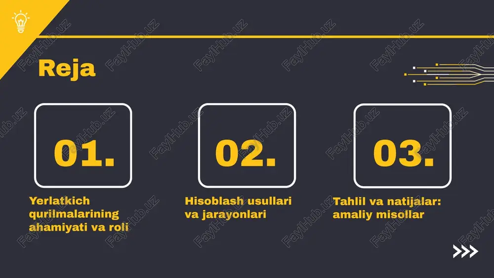 ya taqsimoti: yerlatkich qurilmalar energiya oqimining samarali taqsimlanishini ta'minlaydi, bu esa tizimning barqarorligini oshiradi. 3. tizimni muhofaza qilish: yerlatkichlar xavfsizlik va ishonchlilikni ta'minlaydi, elektr uzatish tizimlarida kutilmagan holatlarda himoya funksiyasini bajaradi. misol uchun, energiya taqsimotida yerlatkich qurilmalari yordamida muhim tarmoq qismlari orasida kontaktni ta'minlash mumkin. shuningdek, zamonaviy podstansiyalarda yerlatkichlar tarmoqning ishlashini yaxshilash va xavfsizlik darajasini oshirish uchun ko'plab innovatsion texnologiyalar bilan birlashtirilgan. yerlatkich qurilmalarining iqtisodiy ta'siri quyidagi uchta asosiy jihat orqali namoyon bo'ladi: 1. tezlik va samaradorlik: energiya sarfini kamaytirish orqali xarajatlarni kamaytiradi. 2. uzluksizlik: elektr ta'minotida uzluksizlikni kamaytiradi, bu esa foydalanuvchilar uchun doimiy energiya ta'minotini ta'minlaydi. 3. xavfsizlikni oshirish: qisqa tutashuvlar va avariyalarni kamaytirish orqali xavfsizlikni ta'minlaydi. yerlatkich qurilmalar energiya samaradorligini oshirishda muhim rol o'ynaydi. ular energiya sarfini kamaytirishga yordam beradi, bu esa iqtisodiy jihatdan foydali hisoblanadi. yer osti inshootlari energiya ta'minotining uzluksizligini ta'minlashga yordam beradi, shuningdek, qisqa tutashuvlar va avariyalarning oldini olishda xavfsizlikni oshiradi. yerlatkich qurilmalarining iqtisodiy ta'siri …