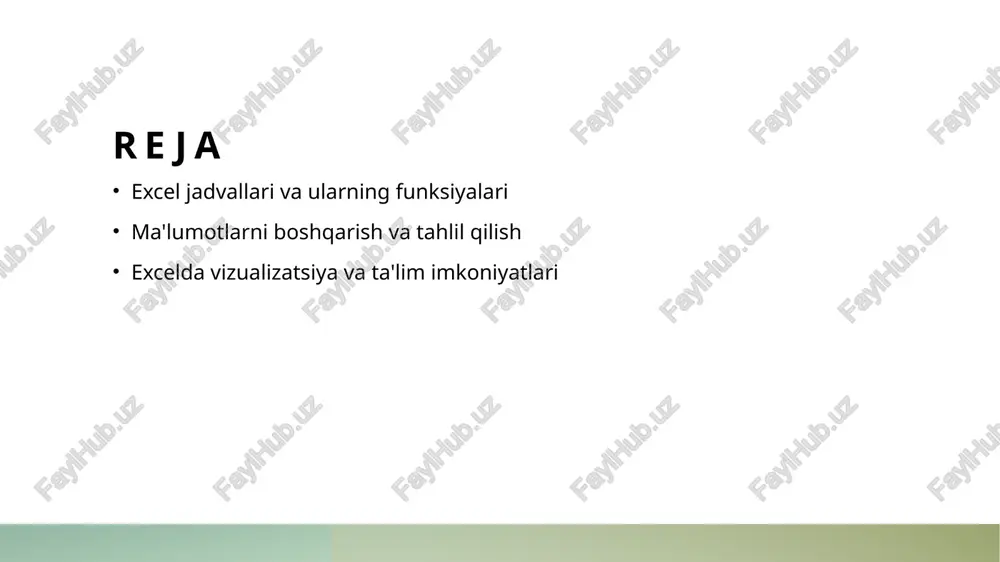 da ma'lumotlarni samarali boshqarish usullari. excel jadvallarining tuzilishi filtrlar va tartiblash ma'lumotlarni avtomatlashtirish excel jadvallarining tuzilishi ma'lumotlarni samarali boshqarish uchun muhimdir. to'g'ri formatlash va ustunlar, qatorlar bilan struktura yaratish, ma'lumotlarni tushunishni osonlashtiradi. excelda filtrlash va tartiblash funksiyalari ma'lumotlarni tez va oson topishga yordam beradi. bu usullar orqali kerakli ma'lumotlarni tezda ajratish mumkin. excelda makrolar va avtomatik hisob-kitoblar yordamida ma'lumotlarni boshqarish jarayonini tezlashtirish mumkin. bu ish jarayonini samarali va qulay qiladi. ma'lumotlarni tahlil qilishda formulalar va funksiyalardan foydalanish. ma'lumotlarni tahlil qilishda excel formulalari va funksiyalari muhim rol o'ynaydi. ular yordamida ma'lumotlarni tez va samarali hisoblash, taqqoslash va vizualizatsiya qilish mumkin. misol uchun, sum, average va if funksiyalari keng qo'llaniladi. bu jarayonlar iqtisodiyot va matematikada aniq natijalarga erishishda yordam beradi. photo by bing hui yau on unsplash excelda ma'lumotlarni vizualizatsiya qilish: grafik va diagrammalar. grafiklar turlari excelda turli grafik turlaridan foydalanish mumkin, masalan, ustunli, chiziqli va doira grafiklari, ma'lumotlarni samarali ko'rsatish uchun. …