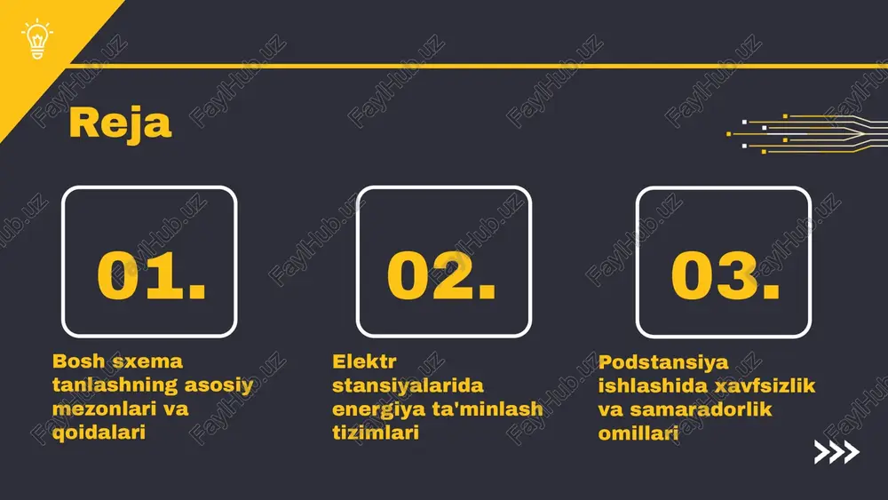 xarajatlarni kamaytirish mumkin. bu, shuningdek, energiya ta'minoti tizimlarining barqarorligini ta'minlaydi. texnik imkoniyatlar mezoni mavjud texnologiyalar va uskunalarni o'z ichiga oladi. shuningdek, boshqa tizimlar bilan taqqoslash va yangi texnologiyalarni joriy etish imkoniyatlarini o'rganish zarur. texnik imkoniyatlar yangi texnologiyalar va imkoniyatlar xavfsizlik mezoni xavfsizlik mezoni energiya ta'minoti va iste'moli jarayonida muhofaza choralarini ko'rishdir. bu mezonlarni amalga oshirish orqali energiya ta'minoti jarayonida yuzaga kelishi mumkin bo'lgan xavflarni kamaytirish mumkin. xavfsizlikni oshirish uchun quyidagi strategiyalarni qo'llash mumkin: - tez-tez texnik xizmat ko'rsatish va nazorat qilish. - xavfli holatlarni oldini olish uchun o'quv dasturlarini tashkil etish. - zamonaviy himoya uskunalarini joriy etish. bosh sxema tanlash qoidalari bosh sxema tanlashda quyidagi asosiy qoidalar amal qilinishi lozim: 1. ishonchlilik - sxema ishonchli bo'lishi va mumkin bo'lgan nosozliklarni kamaytirishi kerak. 2. tezlik - sxema tezlik bilan ishga tushishi va zarur bo'lganda tezda tiklanishi kerak. 3. xavfsizlik - sxema xavfsizlik talablariga javob berishi va ishchilar uchun xavfsiz bo'lishi kerak. …