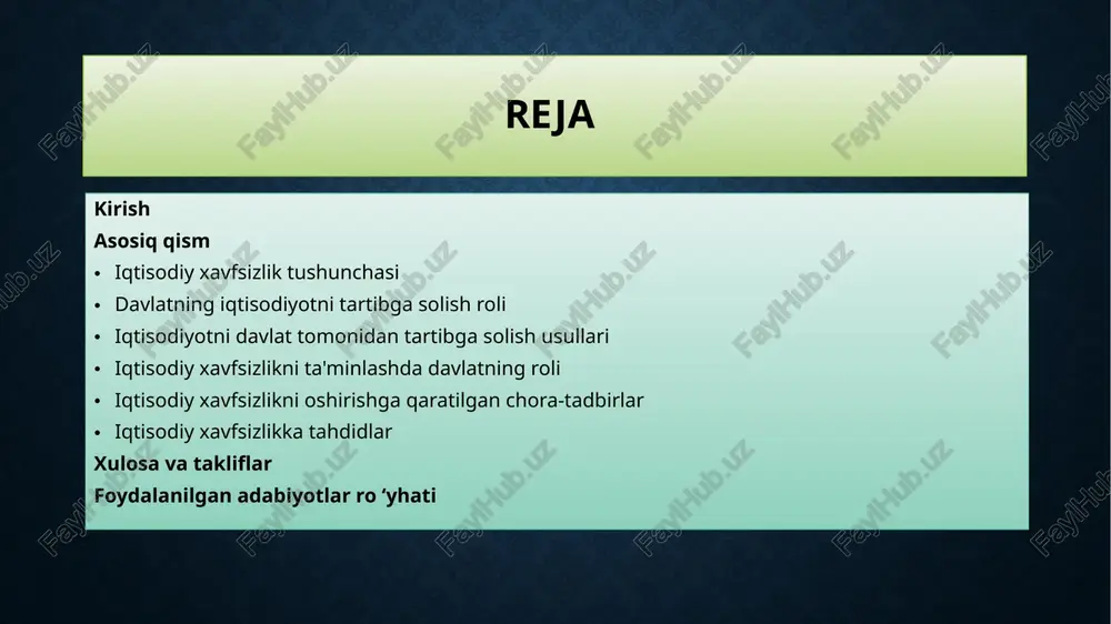 banklar va moliya institutlari orqali kreditlash siyosatini tartibga solish, shuningdek, pul ta'minoti va kredit sharoitlarini boshqarish inflyatsiya darajasini nazorat qilishga yordam beradi. byudjet siyosati: davlat byudjeti orqali xarajatlar va daromadlarni muvofiqlashtirish, iqtisodiy o'sish va barqarorlikni ta'minlash. soliqlar: soliq siyosati orqali davlat iqtisodiyotni boshqaradi. soliq darajalari va soliq turlari milliy iqtisodiyotning rivojlanishiga ta'sir qiladi. davlat xarajatlari: iqtisodiy barqarorlikni ta'minlash uchun davlat xarajatlarini boshqarish, masalan, infratuzilma, ta'lim, sog'liqni saqlash va boshqa sohalarga mablag' ajratish. davlatning iqtisodiyotni tartibga solish roli antimonopoliya siyosati: raqobatni saqlab qolish: antimonopoliya qonunlari yordamida davlat monopolistlarning bozorni dominatsiya qilishiga yo'l qo'ymaydi va raqobatni mustahkamlaydi. monopoliyalarning oldini olish: monopoliyalarning bozorda o'z vakolatlarini suiiste'mol qilishiga qarshi kurashish, shuningdek, kichik va o'rta bizneslarni qo'llab-quvvatlash. tashqi savdo siyosati: milliy iqtisodiyotga tashqi savdoning ta'siri: davlat tashqi savdoni boshqarish, import va eksportni nazorat qilish orqali iqtisodiy o'sishni rag'batlantiradi. tashqi savdo siyosati milliy iqtisodiyotning global bozorga integratsiyasini ta'minlaydi. savdo kelishuvlari: xalqaro savdo kelishuvlari va tashkilotlar (masalan, …