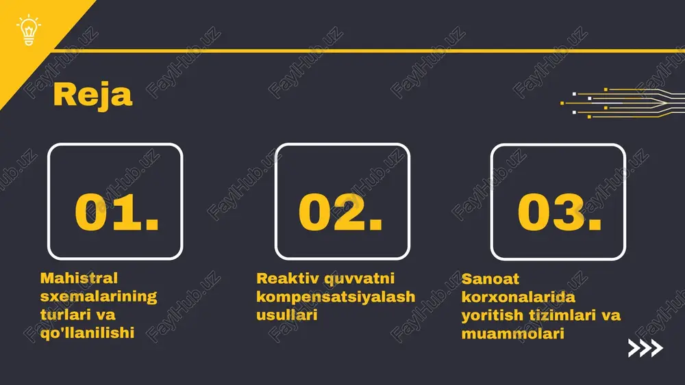 o'z ichiga oladi. 2. tarmoq sxemalarining afzalliklari: energiya samaradorligini oshirish, reaktiv quvvatni kompensatsiyalashda yordam berish va tizimning ishonchliligini yaxshilash. 3. tarmoq sxemalarining ishlash prinsipi: ularda energiya oqimi va kuchlanishni boshqarish asosida ishlaydi. photo by anton dmitriev on unsplash davr sxemalari davr sxemalari elektr energiyasini taqsimlash va boshqarishda muhim rol o'ynaydi. 1. davr sxemasining asoslari: u elektr energiyasining oqimini ko'rsatadi va tarmoqning ishlashini tushunishga yordam beradi. 2. davr sxemalarining muhimligi: ular reaktiv quvvatni kompensatsiyalash jarayonida zarur. 3. misollar: sanoat korxonalarida ishlatiladigan davr sxemalari, masalan, motorlar va transformatorlar bilan bog'liq sxemalar. mahistral sxemalar va energiya ta'minoti mahistral sxemalar sanoat korxonalarida elektr energiya ta'minoti tizimlarining muhim qismi hisoblanadi. ular energiya ta'minotini samarali va ishonchli amalga oshirish uchun zarurdir. elektr energiya ta'minoti tizimlari mahistral sxemalar orqali amalga oshiriladi, bu esa ularning ahamiyatini oshiradi. mahistral sxemalarining o'ziga xosligi, ularning turli xil tuzilmalari va ishlash prinsiplari bilan bog'liq. bu sxemalar energiya oqimining samaradorligini oshirishga xizmat qiladi …