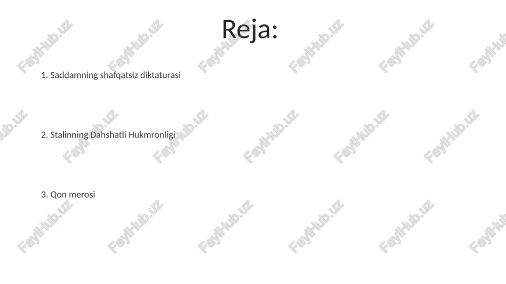 r diktaturani o'rnatdi stalin davri (1924-1953) shafqatsiz repressiya, senzura, propaganda va shaxsga sigʻinish bilan ajralib turdi. industrializatsiya harakatlari (besh yillik rejalari) sezilarli iqtisodiy oʻsishga olib keldi, lekin insoniyat uchun halokatli narxda buyuk tozalash (1936-1938) "davlat dushmanlari" deb topilgan millionlab odamlarning ommaviy hibsga olinishi, qatl etilishi va surgun qilinishi bilan bog'liq bo'lib, rossiya va uning tarkibidagi respublikalar bo'ylab harbiy xodimlar, ziyolilar, din arboblari va millat ozchiliklarini nishonga oldi buyuk tozalash va uning oqibatlari stalinning totalitar rejimı majburiy kollektivlashtirish, industrializatsiya (besh yillik rejalari), propaganda kampaniyalari va keng miqyosli kuzatuv (nkvd)ni amalga oshirdi. tozalashlar sovet iqtisodiyotini va armiyasini vayron qildi, xalqaro mavqeyini zaiflashtirdi va oʻnlab yillar davom etgan qoʻrquv muhitini yaratdi sadam husaynning iroqdagi zulmkor hukumati (1979-2003) stalinning shafqatsizligi bilan o'xshash bo'lib, qiynoq, ommaviy qatl etish (kurdlarga qarshi anfal kampaniyasi) va noroziliklarni bostirish bilan ajralib turdi. anfal kampaniyasi yuz minglab odamlarning halok bo'lishiga olib keldi kollektivlashtirish va golodomor stalin rejimi shafqatsiz usullarni qo'llagan: …