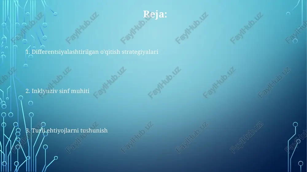 gi, temp va baholash strategiyalarini o'quvchining kuchli va kuchsiz tomonlariga moslashtiradi maxsus ehtiyojlarni tushunish turli maxsus ehtiyojlarni (masalan, intellektual nogironlik, o'qishga oid maxsus qiyinchiliklar, hissiy buzilishlar) tushunish individual ta'lim dasturi (itd) ishlab chiqilishini talab qiladi maxsus ehtiyojli bolalar (masalan, autizm spektri buzilishi, daun sindromi) uchun integratsiyalashgan ta'lim modellari (masalan, inklyuziya, resurs xonalari) turli muhitlarda (shahar, qishloq maktablari) ijtimoiy-emotsional rivojlanish va umumta'lim sinflarida o'qishdagi yutuqlarni ta'minlaydi yordamchi texnologiyalar integratsiyasi aqsh maktablari iepga ega o'quvchilarning 30-50%iga yordamchi texnologiyalar (yt) integratsiyasi foyda keltiradi, disleksiya (masalan, kaliforniya boshlang'ich maktablaridagi o'qish darslarida matn-nutq dasturi) va jismoniy nuqsonlar (masalan, chikagodagi maxsus ta'lim markazlaridagi moslashuvchan klaviaturalar, tugmachani ulash) kabi turli ehtiyojlarni qamrab oladi. londondagi odatiy maktabda autizm, adhd yoki intellektual nogironligi bo'lgan 10-15 nafar o'quvchiga (o'rtacha sinf hajmi) moslashtirilgan ta'lim, turli o'qitish usullari, materiallar (masalan, vizual vositalar, manipulyativlar) va baholash strategiyalari (masalan, loyiha asosidagi o'qitish, muqobil topshiriqlar) ni o'z ichiga oladi oila va mutaxassislar bilan hamkorlik integratsiyalashgan …