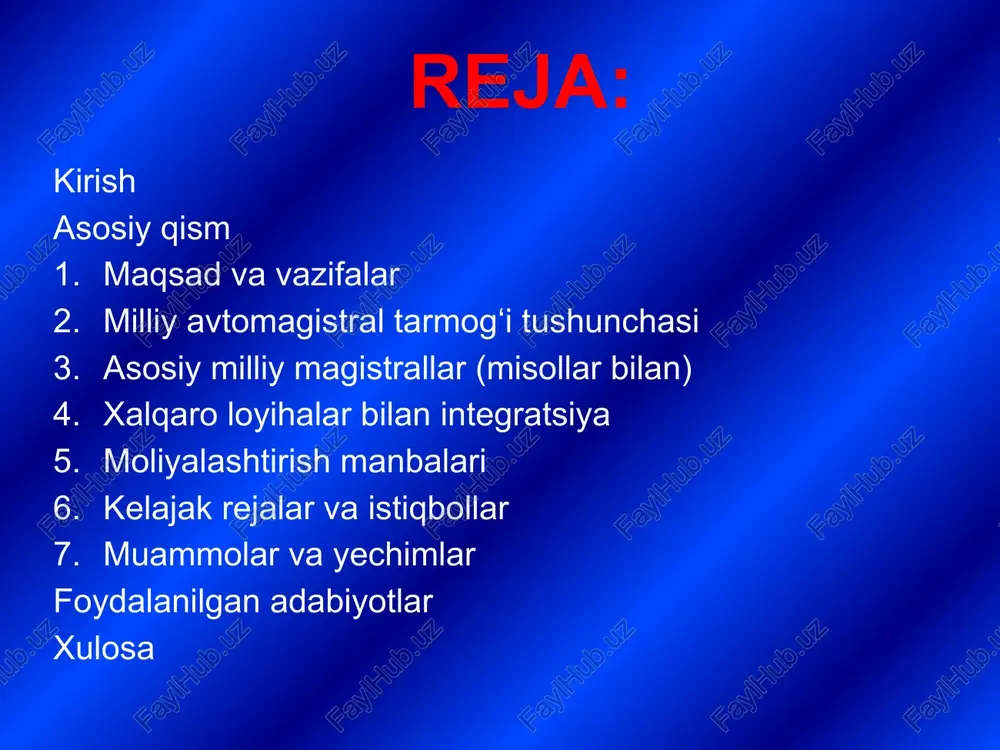 ega boʻlib, mustaqillikdan soʻng bu yoʻnalishda sifat jihatidan yangi bosqich boshlandi. 🕰 sovet davrida – asosiy yoʻllar respublikalararo harakat uchun mo‘ljallangan edi. ichki tarmoq yetarlicha rivojlanmagan. 🇺🇿 1991-yildan so‘ng – mustaqil davlat sifatida oʻzbekiston oʻz transport strategiyasini ishlab chiqdi. 🛤 1990–2000-yillar – yirik magistrallar loyihasi boshlangan: toshkent-termiz, toshkent-andijon yoʻllari ta’mirlandi va kengaytirildi. 📈 2010-yillardan boshlab – xalqaro moliyaviy institutlar yordamida yangi yoʻl qurilishlariga jadal sur’atlar berildi. avtomagistrallarni rivojlantirish milliy iqtisodiyot va mintaqaviy integratsiyaning ustuvor yoʻnalishiga aylandi. asosiy milliy magistrallar (misollar bilan) oʻzbekistonda bir nechta strategik muhim milliy avtomagistrallar mavjud boʻlib, ular mamlakat ichidagi yirik shaharlar va iqtisodiy markazlarni o‘zaro bogʻlab turadi. 🔹 toshkent – termiz yoʻli janubiy yo‘nalishda joylashgan. afgʻoniston bilan chegarani bog‘laydi. savdo va tranzit uchun muhim. 🔹 toshkent – andijon yoʻli (kamchik dovoni orqali) fargʻona vodiysi bilan markazni bogʻlaydi. togʻli hududdagi eng muhim yoʻnalishlardan biri. 🔹 toshkent – nukus yoʻli qoraqalpogʻiston respublikasi bilan aloqani ta’minlaydi. gʻarbiy yo‘nalishning asosiy …