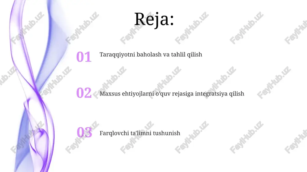 va malakasini oshirish o'qituvchilarni inklyuziv amaliyotlar bo'yicha (300+ soat) tayyorlash dasturlari. differensial o'qitish modellari (masalan, udl, loyiha asosidagi o'qitish) urban, qishloq va shahar atrofi maktablarida turli muhitlarda qo'llaniladi differensiallashgan va integratsiyalashgan ta'lim ta'rifi differensiallashgan ta'lim (dt) turli o'quvchilar ehtiyojlariga moslashtirilgan ta'lim (masalan, aqsh maktablaridagi ieplar, vizual/audio/kinestetik o'rganish uslublari, london sinflaridagi turli tezlik/murakkablik) di – farqli topshiriqlar (masalan, nyu-yorkdagi 3-sinfda turli o'qish darajalari), moslashuvchan guruhlash (manchesterdagi 5-sinfda bir xil/turli guruhlar), turli o'quv materiallari (raqamli, sezgi, audio resurslar sidneydagi xilma-xil sinfda) oila va qo'llab-quvvatlash tarmoqlari bilan hamkorlik umumiy ta'lim sinflarida inklyuziyani ta'minlovchi integratsiyalashgan ta'lim modeli; 80% maxsus ehtiyojli o'quvchilar asosiy faoliyatlarda qatnashadi; yordamchi texnologiyalar (100+ qurilma), moslashtirilgan o'quv materiallari (500+ buyum) va 20+ noyob tashxislarga (masalan, daun sindromi, serebral falaj) moslashtirilgan individual qo'llab-quvvatlash rejalari qo'llaniladi. differentsiyalashgan ta'lim turli metodlardan (masalan, montessori, loyiha asosidagi o'qitish) foydalanib, har xil o'rganish uslublariga mos keladi; 2 yil ichida o'quvchilarning 75% standartlashtirilgan testlar natijalariga ko'ra o'zlashtirish darajasi …