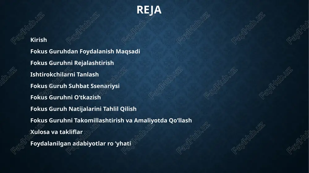 a jamiyat muammolarini tahlil qilishda fokus guruh natijalari qanday qarorlarni qabul qilishda yordam beradi? 📌 mahsulot va xizmatlarni takomillashtirish 📌 mijoz va iste’molchilar ehtiyojlarini aniqlash 📌 ta’lim va ijtimoiy loyihalarni rejalashtirish 📌 siyosiy va iqtisodiy strategiyalarni ishlab chiqish fokus guruhdan olingan ma’lumotlar chuqur tahlil qilinsa, samarali qarorlar qabul qilish va strategik rejalashtirishda muhim ahamiyat kasb etadi. fokus guruhni rejalashtirish fokus guruh samarali natija berishi uchun uni oldindan puxta rejalashtirish kerak. bu jarayon tadqiqot maqsadini belgilash, ishtirokchilarni tanlash va muvofiq sharoit yaratishni o‘z ichiga oladi. 1. tadqiqot maqsadlarini belgilash fokus guruhdan aniq va foydali natijalar olish uchun quyidagilar aniqlashtirilishi lozim: ✅ tadqiqotning asosiy maqsadi – qanday muammo yoki savol o‘rganilmoqda? ✅ kutilayotgan natijalar – qanday ma’lumotlar yig‘iladi va qanday qaror qabul qilinadi? 2. guruh ishtirokchilarining optimal soni va tarkibi 🔹 ideal ishtirokchilar soni: 6-12 kishi – bu muhokamani samarali yuritish uchun yetarli. 🔹 ishtirokchilar tarkibi: turli yosh, kasb va tajribaga ega …