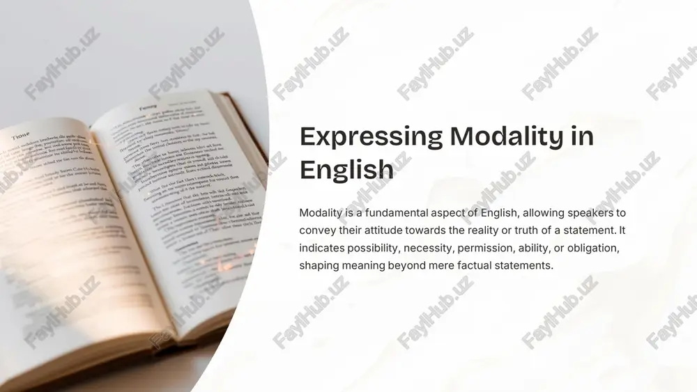 ls the nine common modal verbs are: can, could, may, might, must, shall, should, will, and would. expressive range they express logical possibility, ability, necessity, permission, and more. their usage is key to conveying subtle meanings. unaltered form modals precede the base verb and do not change form with different subjects (no -s endings). for example: "she can swim" or "you should study diligently." https://gamma.app/?utm_source=made-with-gamma https://gamma.app/?utm_source=made-with-gamma modal adverbs and adjectives beyond modal verbs, adverbs and adjectives also play a crucial role in expressing modality, adding subtle nuances to statements. modal adverbs • examples: possibly, necessarily, certainly, perhaps, undoubtedly. • function: these adverbs modify verbs, adjectives, or other adverbs, indicating the speaker's degree of certainty or attitude. they often appear at the beginning or end of a sentence, or near the verb they modify. • usage: "she certainly excels at public speaking." modal adjectives • examples: probable, obligatory, necessary, likely, improbable. …
