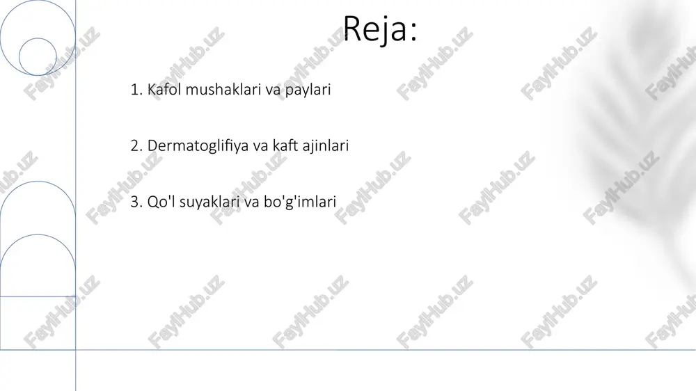 lga qon ta'minoti radial va ulnar arteriyalar hosil qilgan yuzaki palma arteriya arkasi orqali amalga oshadi. chuqur palma arkasi asosan radial arteriyadan qon oqimini ta'minlaydi qo'lda ko'p sonli tendonlar, jumladan, falangalarda birikadigan fleksor tendonlari (digitorum superficialis va profundus), dorsal tomonda joylashgan ekstensor tendonlari (ekstensor digitorum, ekstensor pollicis longus va boshqalar) bor. qo'lning o'zida joylashgan intrinsik mushaklar (tenar, gipotenar va interossei) nozik motor qobiliyatlarni boshqaradi 6. uzunlashtiruvchi paylar qo'l ustida 19 ta ekstensor paylari bor, ular orqa tomondan o'tib, 2-5 barmoq falangalari bilan birikadi. extensor pollicis longus va brevis bosh barmoqni uzaytiradi. de kerveyn tenosinovniti radial uslub jarayonida abductor pollicis longus va extensor pollicis brevis paylarini qamrab oladi qo'lning dorsal va palmar arteriya yoylari qon bilan ta'minlaydi. median, ulnar va radial nervlardan sezgi innervatsiyasi. distal palmar burma asosiy nuqta; tenar va gipotenar burmalar chegaralarni belgilaydi. bilak suyaklari (8 ta) karpal tunnelni hosil qiladi 7. qo'l tomirlari yuzaki kaft yoyi asosan ulnar …
