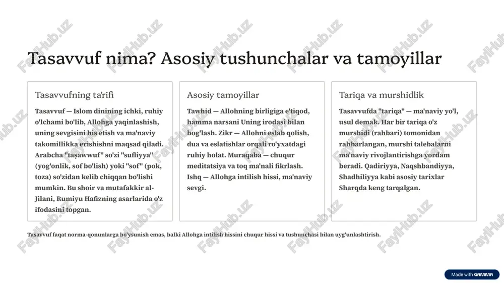 hafiz, al-ghazalining ishlari yaratildi. 5 xvi-xx asrlar tarixlarning xilma-xilligini saqlab, institutsiallashuvchi turi. tasavvuf viii asrning oxiri va ix asrning boshida yuzaga keldi, keyinchalik sharqning siyosiy, ijtimoiy va madaniy o'zgarishlari bilan bog'liq ravishda rivojlandi. x-xi asrlarda rasmiy tarixlar shakllandi va ularning murshidlari o'zlarining yo'ldoshlarini juda ma'naviy ringga ko'taradigan tarbiya bergan. xii asrning oxirida rumi va boshqa buyuk tasavvuf mutafakkirlari bo'lganlar islom xalqlariga ruhiy yo'lnama bo'ldilar. tasavvuf kultura va dinning olib bergan nisbatiga shunday ataladi: "sharq tasavvufsiz, sharq emas." 3 adabiyot va she'riyat: tasavvufning so'z san'atidagi izlari tasavvuf sharq adabiyotining eng buyuk ilhomidori bo'lib chiqqadi. ko'pgina asarlar, she'rlar va kita'blar tasavvuf ta'limotini ifoda qilgan. rumi, hafiz, attar, al-ghazali, ibn arabi kabi buyuk mutafakkirlar o'zlarining falsafiy-adabiy asarlarida tasavvufning chuqur maʼnolarini soʻz san'ati orqali yaqqol qilib berdilar. rumi - mevleviyya "mathnavi" asarida tasavvufning eng chuqur maʼnoları juda oson, sezilarli misralar bilan aytilgan. rumi she'rlarida allohga sevgini, qalbni toza qilishni va ruhiy o'zgarishni bichon tasvirlab …