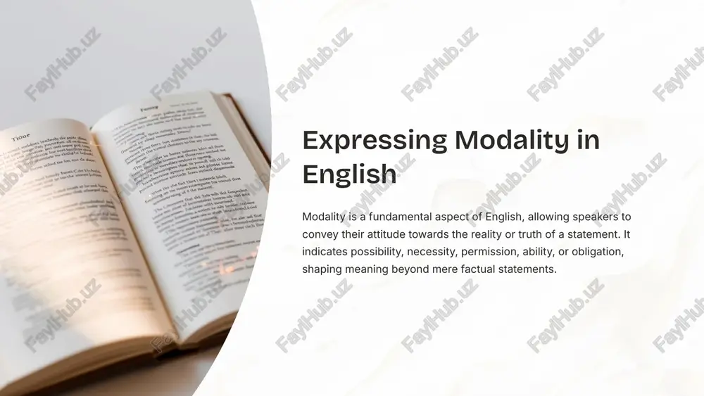 the base verb and do not change form with different subjects (no -s endings). for example: "she can swim" or "you should study diligently." 5 modal adverbs and adjectives beyond modal verbs, adverbs and adjectives also play a crucial role in expressing modality, adding subtle nuances to statements. modal adverbs examples: possibly, necessarily, certainly, perhaps, undoubtedly. function: these adverbs modify verbs, adjectives, or other adverbs, indicating the speaker's degree of certainty or attitude. they often appear at the beginning or end of a sentence, or near the verb they modify. usage: "she certainly excels at public speaking." modal adjectives examples: probable, obligatory, necessary, likely, improbable. function: these adjectives describe nouns or pronouns, indicating a quality of possibility or necessity. they are typically used with a linking verb (e.g., "is", "seems"). usage: "it is probable that he will attend the conference." the strategic use of modal adverbs and adjectives allows for …