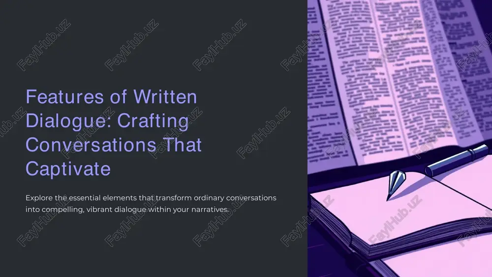 . show, don't tell convey information through action, subtle cues, and subtext rather than direct explanation. subtlety and implication often carry more weight than overt statements. https://gamma.app/?utm_source=made-with-gamma https://gamma.app/?utm_source=made-with-gamma tone, setting, and period must shape dialogue • dialogue should fit the genre’s mood: terse in thrillers, witty in comedies. • authenticity requires research for historical or cultural accuracy. consider regional dialects, historical slang, and social conventions to enhance realism. https://gamma.app/?utm_source=made-with-gamma https://gamma.app/?utm_source=made-with-gamma dialogue adds emotion and tension subtle shifts small lines can shift a scene’s mood dramatically ("i miss her." carries significant weight). build conflict use dialogue to escalate disagreements, reveal underlying tensions, or create verbal sparring. heighten suspense introduce ominous hints, unspoken threats, or pressing deadlines through conversation. the unspoken words, pauses, and character reactions are just as powerful as the spoken ones. https://gamma.app/?utm_source=made-with-gamma https://gamma.app/?utm_source=made-with-gamma formatting rules for clarity & flow new paragraph each speaker gets a new indented paragraph for …