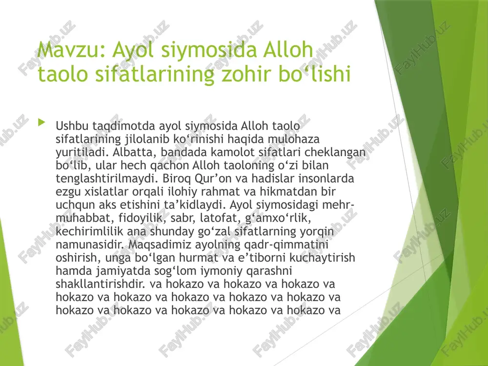 lgan rahmati bilan qiyoslab eslatadi. ayolning oilaga sadoqati, eriga hurmati, qarindosh-urug‘larga bo‘lgan e’tibori rahmoniy fazilatlarni eslatadi. u insonlar o‘rtasida mehr rishtalarini bog‘lovchi ko‘prik vazifasini bajaradi. ayolning bir tabassumi ko‘ngillarni yumshatadi, bir tasalli so‘zi g‘amgin qalbni shod etadi. shuning uchun ham ayol siymosidagi rahmat jilosi allohning bandalariga bergan ulug‘ fazlu karamidan dalolat beradi. va hokazo va hokazo va hokazo va hokazo va hokazo va hokazo va hokazo va hokazo va hokazo va hokazo va hokazo va hokazo va hokazo va hokazo latif va halim sifatlari ayol siymosida latif sifati alloh taoloning nozik rahmatini, bandalarga sezilmas tarzda yaxshiliklar yetkazishini anglatadi. halim sifati esa kechirimli, muloyim va shoshilmasdan muomala qiluvchi zot ekanini bildiradi. ayol siymosida bu ikki sifatning soyasi juda yaqqol ko‘rinadi. u odatda nozik didli, hissiyotlarga boy, boshqalarni tushunishga intiluvchi bo‘ladi. ayol ko‘pincha oiladagi keskin vaziyatlarni yumshatib, mehr bilan murosaga chorlaydi. uning halim-tab’ligi, muloyim suhbati, sokin ko‘z yoshlari ko‘p ziddiyatlarni bartaraf etadi. …