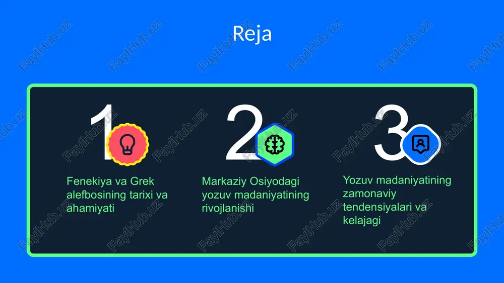 a harfga kengaytirdilar. bu yangi tizim grek yozuvining qobiliyatini oshirdi va ko'plab tillarni yozish imkonini berdi. grek alefbosi, ayniqsa, adabiyot va ilm-fan sohalarida ulkan ahamiyatga ega bo'lib, qadimgi yunon madaniyatining rivojlanishiga katta ta'sir ko'rsatdi. oson o'qilishi cheklangan belgi soni yozuv madaniyatiga ta'siri zamonaviy yozuvlar ta'siri fenekiya va grek alfeboslari oson o'qilishi va yozilishi bilan ajralib turadi, bu esa ularni keng tarqalgan va foydalanishga qulay qiladi. bu xususiyatlar, ularning yozuv madaniyatini rivojlantirishda muhim rol o'ynagan. har ikkala alfabeda belgilarning cheklangan soni mavjud, bu esa ayrim so'zlarni ifodalashda qiyinchilik tug'dirishi mumkin. bu cheklovlar maxsus terminlar yoki yangi tushunchalarni yozishda muammolar yuzaga keltiradi. fenekiya va grek alfeboslari yozuv madaniyatini rivojlantirishda katta imkoniyatlarga ega. ularning ta'siri boshqa madaniyatlar va yozuv tizimlariga tarqalishi, bu alfebolarni o'rganishga va ulardan foydalanishga intilishlarni oshirishi mumkin. zamonaviy yozuvlar va texnologiyalarning rivojlanishi fenekiya va grek alfeboslarining ahamiyatini pasaytirishi mumkin. ular yangi va samarali yozuv uslublari tomonidan o'rnini bosilmoqda. markaziy osiyodagi …