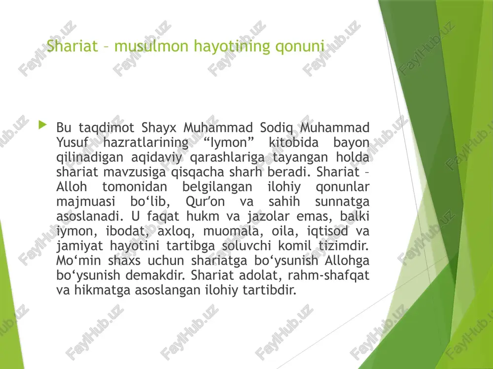 kitoblar, payg‘ambarlar, oxirat va taqdirga bo‘lgan ishonchdir. shariat esa ana shu eʼtiqodni amaliy hayotga tatbiq etuvchi qonunlar tizimidir. shayx muhammad sodiq muhammad yusufning bayonlarida iymon va amal doimo yonma-yon tilga olinadi. faqat til bilan iqrorga kelib, shariatga bo‘ysunmaslik iymondagi zaiflik alomatidir. haqiqiy mo‘min allohga ishonganidek, uning shariatini ham adolatli, hikmatli, bandalarga manfaatli deb biladi va imkon qadar unga amal qilishga intiladi. shariatning maqsadlari (maqosid ush-sharia) ulamolar shariatning asosiy maqsadlarini besh yo‘nalishda jamlashadi: dinni asrash, jonni asrash, aqlni asrash, naslni asrash va molni asrash. bu maqsadlar shariat hukmlarining ichki ruhini ko‘rsatadi. namoz, ro‘za, zakot, haj, halol-harom qoidalari ham ana shu maqsadlarga xizmat qiladi. shayx hazratlari shariatning maqsadlarini tushunmagan kishi baʼzi hukmlarni faqat tashqi ko‘rinishidan baholab, ularni og‘ir deb o‘ylashini, aslida esa har bir buyruq va taqiq bandaning foydasi uchun ekanini taʼkidlaydilar. shariat inson shaʼni va hurmatini yuksaltiruvchi ilohiy tizimdir. ibodatlar shariat tizimida shariatning eng ko‘rinadigan qismi – ibodatlardir. namoz, ro‘za, zakot, …