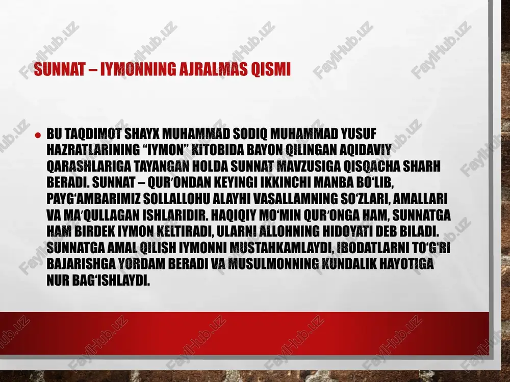 – u zotning amalda qilgan ishlaridir: ibodat tarzlari, muomala, odob va kundalik mashg‘ulotlari. taqririy sunnat esa sahobalar huzurlarida qilgan amallarini rasululloh ko‘rib, tasdiqlab, inkor qilmaganlaridir. shayx hazratlari bu bo‘linishni iymon asoslarini tushuntirishda foydali ilmiy mezon sifatida zikr etadilar va sunnatni to‘liq o‘rganishga undaydilar. sunnatga ergashishning iymondagi o‘rni sunnatga ergashish iymonning amaliy ko‘rinishidir. til bilan “iymon keltirdim” deb, amalda esa payg‘ambar alayhissalom olib kelgan yo‘lni mensimaslik mo‘minlik ruhiga zid holatdir. shayx muhammad sodiq muhammad yusuf musulmonning mukammal iymoni uch ustunga tayanganini taʼkidlaydi: qalb bilan tasdiq, til bilan iqror, aʼzo bilan amal. sunnat ana shu amal qismini to‘ldiradi. namoz, ro‘za, zakot, haj kabi farz ibodatlar sunnat orqali batafsil tushuntirilgan. shuning uchun sunnatni bilmasdan turib ibodatlarni to‘liq, chiroyli ado etib bo‘lmaydi. sunnat va bidʼat o‘rtasidagi farq islomda sunnatga zid bo‘lgan yangiliklar “bidʼat” deb ataladi. bidʼat – din nomi bilan kiritilgan, ammo qurʼon va sahih sunnatda asosi bo‘lmagan amal yoki eʼtiqoddir. shayx hazratlari iymon …