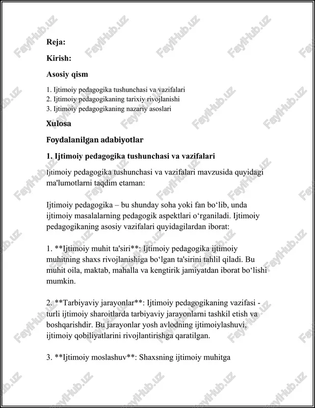 xizmatlar, o‘qituvchilar, psixologlar va boshqa mutaxassislar bilan hamkorlikda amalga oshiriladi. 6. **erkin ta'lim va tarbiya**: ijtimoiy pedagogikaning muhim vazifalaridan biri – shaxsning mustaqil fikrlashini, o‘zligini rivojlantirishga yordam berish. bu erkin ta'lim-tarbiya jarayonlarini qo‘llab-quvvatlash orqali amalga oshiriladi. 7. **ijtimoiy loyihalar**: turli loyiha va dasturlarni ishlab chiqish orqali ijtimoiy pedagogika jamiyatdagi muammolarni yengillashtirishga qaratilgan sa'y-harakatlarni tashkil etadi. bu loyihalar orqali yoshlarning ijtimoiy faoliyati, mas'uliyatliligi va jamoatchilikni anglash darajasi oshiriladi. ijtimoiy pedagogikaning vazifalari ijtimoiy hayotning ko‘plab sohalarini qamrab oladi. bu faqat maktab va ta'lim tizimida emas, balki jinoyatchilikni oldini olish, oila va bolalar bilan ish olib borish, qariyalar va boshqa himoyaga muhtoj odamlarni qo‘llab-quvvatlash kabi sohalarda ham qo‘llaniladi. bularning barchasi ijtimoiy pedagogika tushunchasi va uning amaliyotdagi vazifalarini qisqacha ifodalaydi. bu sohaga qiziquvchilar uchun ijtimoiy pedagogika jamiyat rivojlanishining muhim qismi hisoblanadi va uning ta'siri ko‘p qirrali va kengdir. 2. ijtimoiy pedagogikaning tarixiy rivojlanishi ijtimoiy pedagogika — bu insonlarning shaxsiy va ijtimoiy rivojlanishlariga yordam berish, …