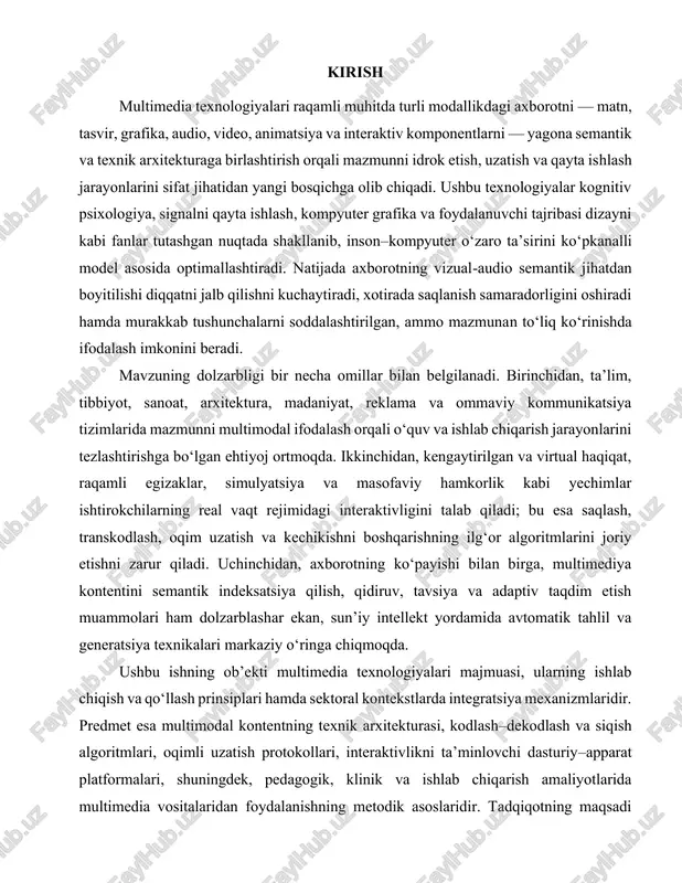 xnikalari markaziy o‘ringa chiqmoqda. ushbu ishning ob’ekti multimedia texnologiyalari majmuasi, ularning ishlab chiqish va qo‘llash prinsiplari hamda sektoral kontekstlarda integratsiya mexanizmlaridir. predmet esa multimodal kontentning texnik arxitekturasi, kodlash–dekodlash va siqish algoritmlari, oqimli uzatish protokollari, interaktivlikni ta’minlovchi dasturiy–apparat platformalari, shuningdek, pedagogik, klinik va ishlab chiqarish amaliyotlarida multimedia vositalaridan foydalanishning metodik asoslaridir. tadqiqotning maqsadi multimedia tizimlarining nazariy va metodologik poydevorini tizimli yondashuv asosida yoritish, qo‘llanilish ssenariylarini tahlil qilish, samaradorlik va sifat ko‘rsatkichlarini belgilovchi omillarni aniqlash hamda amaliyotga tatbiq etish bo‘yicha konseptual tavsiyalar ishlab chiqishdan iborat. ilmiy yangilik bir necha yo‘nalishda namoyon bo‘ladi. birinchidan, multimedia tizimlarini “kontent–tarmoq–interfeys” uchligi orqali integrativ modelda ko‘rib, ularning o‘zaro bog‘liqligini sifat metrikalari bilan birga tavsiflaydi. ikkinchidan, foydalanuvchi tajribasini baholashda sub’ektiv mezonlar (qoniqish, kognitiv yuklama, o‘rganish natijasi) va obyektiv ko‘rsatkichlar (kechikish, o‘tkazuvchanlik, kodlash samaradorligi, xatoliklar) o‘rtasidagi bog‘lanishlar empirik dalillar bilan asoslanadi. uchinchidan, talimiy va klinik amaliyotlar uchun moslashtirilgan multimediya modullarida adaptiv ssenariylar, kirish imkoniyati standartlari va etik-me’yoriy talablar uyg‘unligiga …