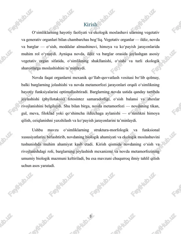 un novdaning rivojlanish va metamorfoz jarayonlarining markazi sifatida xizmat qiladi. tugunda o‘sish qobig‘i va meristem (o‘sish nuqtasi) mavjud bo‘lib, u yangi shox, gul yoki barglarni hosil qiladi. · bo‘g‘im (internod) — tugunlar orasidagi novda qismi bo‘lib, uning uzunligi o‘sish sur’ati va muhit sharoitiga bog‘liq. bo‘g‘im novdaning cho‘zilishi va shakllanishini ta’minlaydi. 2. novdaning asosiy qismlari · o‘sish tuguni (apikal meristem) — novdaning uchida joylashgan bo‘lib, yangi hujayralarni ishlab chiqaradi va novdaning uzunlamas o‘sishini ta’minlaydi. · shoxcha yoki yon shox tugunlari — apikal meristem faoliyati bilan yon shoxlar hosil bo‘ladi, ular esa novdaning yon tomonlarga yoyilishini ta’minlaydi. · barg tutqichlari (petiolar) — bargni novdaga bog‘laydi va suv hamda organik moddalarni uzatishda muhim ahamiyatga ega. 3. novda qobig‘i va ichki tuzilishi novda morfologik jihatdan tashqi qobiq, ichki to‘qima va markaziy bo‘g‘imlardan iborat: · tashqi qobiq (epidermis va korteks) — novdani mexanik himoya qiladi, suvning bug‘lanishini nazorat qiladi. · yog‘och (ksilem) va shiralash (floem) …