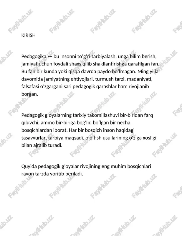 ologik xususiyatlariga qarab yondashish zarurligini aytgan. yunon pedagoglari birinchi bo‘lib ta’limni ilmiy asosda tushuntira boshladilar. qadimgi rim pedagogikasi rimda ta’lim amaliy hayotga yo‘naltirildi. kvintilian yaxshi nutq so‘zlash, fikrlash, odob-axloq tarbiyasiga katta e’tibor qaratdi. 2. o‘rta asrlardagi pedagogik g‘oyalar o‘rta asrlarda pedagogik fikr sharqda ilm-fan taraqqiyoti va yevropada diniy maktablar asosida rivojlandi. sharq mutafakkirlari merosi bu davrda markaziy osiyoda buyuk allomalar yashab, ta’lim jarayoniga ilmiy yondashuvni kuchaytirdilar. forobiy fazilatli jamiyatni yaratishda tarbiyaning o‘rnini asoslab berdi. ibn sino bolaning yosh xususiyatiga mos ta’lim berish, jismoniy, aqliy va axloqiy tarbiyaning muvozanatli bo‘lishini ta’kidlagan. beruniy o‘qitishda sodda tushunchalardan murakkabiga o‘tish usulini taklif qilgan. sharq allomalari bolaga mehr, yumshoqlik, qadamma-qadam o‘rgatish tamoyillarini ilgari surgan. yevropa o‘rta asrlari bu davrda ta’lim cherkov tasarrufida bo‘lib, asosan diniy bilimlar o‘qitilgan. maktablar monastirlar tarkibida bo‘lgan. ammo aynan shu davrda birinchi universitetlar (bolonya, parij, oksford) tashkil topib, ilm-fan rivojiga zamin yaratildi. 3. uyg‘onish davri pedagogikasi uyg‘onish davrida insonning qadr-qimmati, mustaqil …