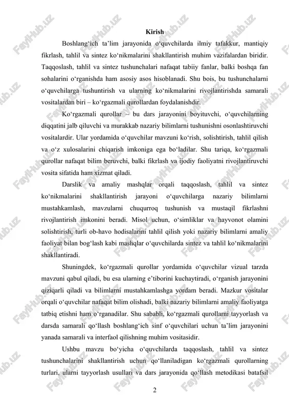 beradi. mazkur vositalar orqali o‘quvchilar nafaqat bilim olishadi, balki nazariy bilimlarni amaliy faoliyatga tatbiq etishni ham o‘rganadilar. shu sababli, ko‘rgazmali qurollarni tayyorlash va darsda samarali qo‘llash boshlang‘ich sinf o‘quvchilari uchun ta’lim jarayonini yanada samarali va interfaol qilishning muhim vositasidir. ushbu mavzu bo‘yicha o‘quvchilarda taqqoslash, tahlil va sintez tushunchalarini shakllantirish uchun qo‘llaniladigan ko‘rgazmali qurollarning turlari, ularni tayyorlash usullari va dars jarayonida qo‘llash metodikasi batafsil tahlil qilinadi. shu bilan birga, ko‘rgazmali qurollar pedagogik jihatdan qanday ahamiyatga ega ekani va ularning o‘quvchilarning bilim, ko‘nikma va malakalarini rivojlantirishdagi roli yoritiladi. 1. ko‘rgazmali qurollarning turlari va ularning pedagogik ahamiyati boshlang‘ich sinf o‘quvchilari uchun tabiiy fanlarni o‘rganish jarayonida bilimlarni nafaqat tushuntirish, balki ularni amalda ko‘rsatish muhim hisoblanadi. ko‘rgazmali qurollar – bu o‘quv jarayonini boyituvchi, bolalarning e’tiborini jalb qiluvchi, murakkab tushunchalarni sodda va tushunarli tarzda yetkazuvchi vositalar hisoblanadi. ular yordamida o‘quvchilar taqqoslash, tahlil va sintez ko‘nikmalarini samarali rivojlantirish imkoniga ega bo‘ladi. shu bois, boshlang‘ich ta’limda ko‘rgazmali qurollarning …