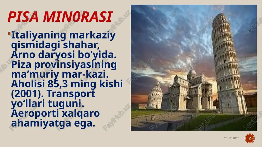 shlari mumkin. inshoatni tiklash va boshqa xizmatlar uchun 7,8 million frank sarflangan. minora mashhur arxitektor gustavo eyfelning nomiga shunday nomlangan. 10.03.2021 8 tojmahal hindistondagi boburiylar sulolasining vakili shoh jahon davriga oid meʼmoriy yodgorlik bo`lib 1631 — 1652-yillar oralig`ida bunyod qilingan. agra sh. yaqinidagi jamna daryosi boʻyida shoh jahon suyukli xotini arjumandga (mumtoz mahal begim, mumtoz bibika rauza nomlari bilan mashhur boʻlgan) atab vafotidan (1631 y. 7 iyul) soʻng qurdirgan. 10.03.2021 9 tojmahal 10.03.2021 10 maqbara (loyiha meʼmori usto ahmad lahori) turk meʼmori muhammad isoxon afandi boshchiligida bunyod etilgan. t. murabba tarhli, 3 qavatli, 5 gumbazli. marmar supa (104x|04x7 m) ustiga qurilgan. 4 burchagidagi ingichka minoralar (bal. 45 m) maqbaraga oʻzgacha husn bagʻishlagan. devorlari oq marmar bilan qoplangan, turli rangdagi qimmatbaho toshlar (haqiq, marvarid, sadaf, qahrabo, zumrad, yoqut, fil suyagi va boshqalar)dan qadama naqshlar ishlangan. bosh tarzi (eni 56,7 m) peshtoq ravokli. maqbaraning old tomoniga 2 qator daraxtlar ekilgan, favvorali hovuz, …