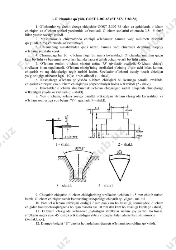 k (2 - shakl). 11. o`lcham chizig`ida ketma-ket joylashgan strelkalar uchun joy yetarli bo`lmasa, strelkalar nuqta yoki 45( ostida o`tkaziladigan shtrix chiziqlari bilan almashtirilishi mumkin (5-shakl, a,v). 12. diametr belgisi “(“ barcha hollarda ham diametr o`lchami soni oldiga qo`yiladi. belgisi aylanasining diametri o`lcham sonlari balandligining taxminan 5g`7 h qismiga teng. aylana o`rtasidan o`tuvchi chizikq o`lcham chizig`iga nisbatan 75 ( qiyalatib o`tkaziladi (6-shakl). 5-shakl. 6-shakl. 7-shakl. 13. radius o`lchami oldiga r bosh harfi qo`yiladi (5; 8-shakllar). 14. aynan 15-shaklda ko`rsatilgan hollardagidek kesma bilan chiqarish chiziqlari parallelogramm hosil qilsin. 15. chiziqli o`lchamlarning o`lcham chiziqlari har xil qiyalikda chizilgan bo`lsa, o`lcham sonlari 10-shaklda ko`rsatilganidek, burchaklar esa 11-shaklda ko`rsatilganidek yozilishi zarur. 8-shakl. 9- shakl. 10- shakl. 11- shakl. 16. agar o`lcham sonini yozish uchun o`lcham strelkalari orasida joy yetarli bo`lmasa, u holda raqamlarini 12-shaklda ko`rsatilganidek joylashtirish kerak. 12 - shakl. 17. o`lcham sonlarini chizma chiziqlari bilan kesish yoki bo`lib qo`yishga yo`l qo`yilmaydi. o`lcham chiziqlari …