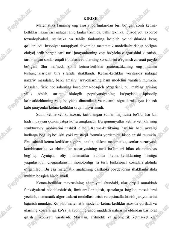 mitlarni aniqlash, qatorlarga bog‘liq masalalarni yechish, matematik algoritmlarni modellashtirish va optimallashtirish jarayonlarini bajarish mumkin. ko‘plab matematik modellar ketma-ketliklar asosida quriladi va ularning xossalariga ko‘ra jarayonning uzoq muddatli natijasini oldindan bashorat qilish imkoniyati yaratiladi. masalan, arifmetik va geometrik ketma-ketliklar yordamida iqtisodiy ko‘rsatkichlarning yillik o‘sishi, kredit foizlarini hisoblash, inflyatsiya darajasining dinamikasini tahlil qilish, yirik sanoat korxonalarining ishlab chiqarish hajmini rejalashtirish kabi real hayotiy masalalar hal etiladi. shu nuqtayi nazardan qaraganda, sonli ketma-ketliklar mavzusining o‘quv jarayonida o‘rganilishi nafaqat nazariy bilimlarni oshiradi, balki talabalarning mantiqiy fikrlash qobiliyatini rivojlantiradi, amaliy masalalarni yechish ko‘nikmasini shakllantiradi. ketma-ketliklar xossalarini o‘zlashtirgan o‘quvchi yoki talaba murakkab masalalarni ketma-ket yaqinlashish, bosqichma-bosqich tahlil qilish va o‘zgarishni aniqlash tamoyili asosida hal qilishni biladi. bu esa zamonaviy ta’lim tizimida, xususan, matematika fani bo‘yicha kompetensiyalarni shakllantirishda muhim omil hisoblanadi. sonli ketma-ketliklarning turlari ko‘p bo‘lib, ularning eng keng tarqalganlari arifmetik va geometrik ketma-ketliklardir. arifmetik ketma-ketlikda har bir keyingi hadi oldingi hadga doimiy ayirma qo‘shish orqali hosil …