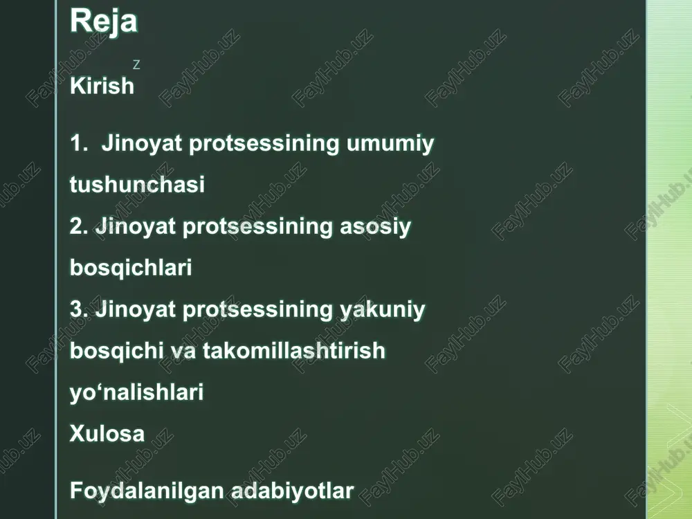va toʻla ochish, aybdorlarni adolatli jazolash, aybsizlarni himoya qilish va qonunni toʻgʻri qoʻllashdan iboratdir. bu vazifalar protsessning ikki asosiy yoʻnalishini – repressiv va himoyaviy – birlashtiradi. tez ochish vazifasi tergov muddatlarini qisqartirish (masalan, 3–7 oy ichida tugatish) orqali amalga oshiriladi, bu jinoyat sodir etilganidan keyin dalillar yoʻqolishining oldini oladi. z jinoyat protsessining asosiy bosqichlari jinoyat protsessi oʻzbekiston respublikasining huquqiy tizimida jinoyatlarni ochish, aybdor shaxslarni aniqlash va adolatli sudlovni taʼminlashning asosiy mexanizmi sifatida muhim oʻrin tutadi. bu bosqichlar protsessning boshlanishi boʻlib, qonuniylik, haqiqatni toʻliq va toʻgʻri aniqlash, shaxs huquqlarini himoya qilish kabi fundamental prinsiplarga asoslanadi. ularning har biri bir-biri bilan uzviy bogʻliq boʻlib, jinoyat hodisasini dastlabki baholashdan tortib, toʻliq tergovga oʻtishgacha boʻlgan zanjirni tashkil etadi. z jinoyat protsessining asosiy bosqichlari z dastlabki tekshiruv bosqichi dastlabki tergov bosqichi sudga qadar protsessual nazorat ayblovni tasdiqlash va ishni sudga yuborish jinoyat ishini qo‘zg‘atish tartibi sudga qadar protsessual nazorat sud muhokamasi bosqichi apellyatsiya tartibida ishni …