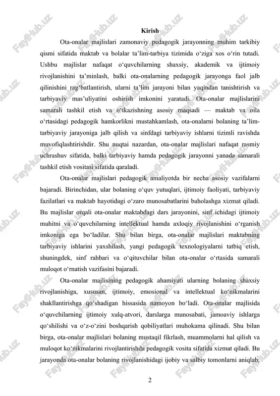 g bolaning shaxsiy rivojlanishiga, xususan, ijtimoiy, emosional va intellektual ko‘nikmalarini shakllantirishga qo‘shadigan hissasida namoyon bo‘ladi. ota-onalar majlisida o‘quvchilarning ijtimoiy xulq-atvori, darslarga munosabati, jamoaviy ishlarga qo‘shilishi va o‘z-o‘zini boshqarish qobiliyatlari muhokama qilinadi. shu bilan birga, ota-onalar majlislari bolaning mustaqil fikrlash, muammolarni hal qilish va muloqot ko‘nikmalarini rivojlantirishda pedagogik vosita sifatida xizmat qiladi. bu jarayonda ota-onalar bolaning rivojlanishidagi ijobiy va salbiy tomonlarni aniqlab, pedagogik tavsiyalar beradi va uy sharoitida qo‘llash mumkin bo‘lgan metodik tavsiyalar bilan tanishtiriladi. ota-onalar majlislarini tashkil etish va ularni samarali o‘tkazishning muhim jihatlaridan biri — majlis mazmunini oldindan rejalashtirishdir. majlisning mazmuni bolaning o‘quv yutuqlari, sinfdagi tarbiyaviy ishlar, dars tashqarisi faoliyatlar, ijtimoiy muammolar va ota-onalarning tarbiyaviy mas’uliyati bilan bog‘liq masalalarni o‘z ichiga oladi. pedagog majlis mazmunini shakllantirishda o‘quvchilarning yosh xususiyatlarini, qiziqish va ehtiyojlarini, shuningdek, ota-onalarning bilim darajasi va pedagogik tajribasini hisobga oladi. majlis mazmuni qatnashchilarni faol muloqotga jalb qilish, muammoli vaziyatlarni muhokama qilish va konstruktiv qarorlar qabul qilish imkonini yaratadigan …