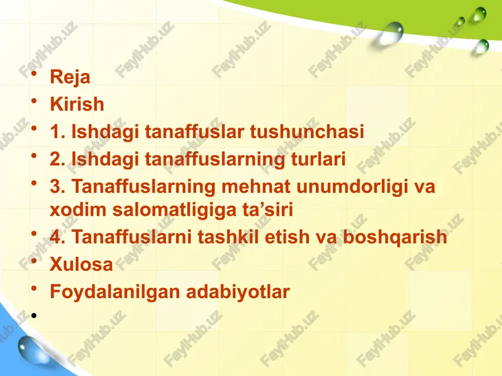 ni muhofaza qilish, charchoqni kamaytirish 30 daqiqalik ovqatlanish tanaffusi mk tegishli moddalar ovqatlanish tanaffusi har kuni belgilangan muddatda beriladi, ba’zi hollarda ish vaqtiga kiritilmaydi 30–60 daqiqa ichki mehnat tartibi qisqa muddatli dam olish tanaffuslari xodimning jismoniy yuklama yoki aniq texnologik jarayonlarga ko‘ra oladigan tanaffuslari tikuvchilar, operatorlar uchun 5–10 daqiqalik tanaffuslar mq moddalari maxsus tanaffuslar sog‘liqni muhofaza qilish yoki xavfsizlik talablariga ko‘ra beriladi shovqinli joyda ishlovchilar uchun qo‘shimcha tanaffuslar mehnat muhofazasi qoidalari sovuq yoki issiqda ishlaydiganlar tanaffusi ekstremal haroratlarda mehnat qiluvchilarga qo‘shimcha tanaffus sovuq ombor, issiq sex ishchilari mehnat gigiyenasi talablari ayollar uchun tanaffus oziqlantirish yoki homiladorlik bilan bog‘liq ehtiyojlar uchun beriladigan tanaffus bola emizish tanaffusi mk moddalari voyaga yetmaganlar tanaffusi yengil mehnat qilayotgan o‘smirlarga beriladigan qo‘shimcha dam vaqti 16 yoshgacha bo‘lganlar uchun ko‘proq tanaffus mk tanaffusning ish vaqtiga qo‘shilishi ayrim tanaffuslar ish vaqtiga kiritiladi, ayrimlari esa kiritilmaydi texnologik tanaffus ish vaqtiga kiradi mk tanaffusning ahamiyati xodimning salomatligini saqlash va mehnat …