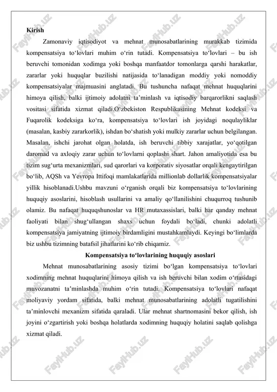 i. kompensatsiya toʻlovlari nafaqat moliyaviy yordam sifatida, balki mehnat munosabatlarining adolatli tugatilishini taʼminlovchi mexanizm sifatida qaraladi. ular mehnat shartnomasini bekor qilish, ish joyini oʻzgartirish yoki boshqa holatlarda xodimning huquqiy holatini saqlab qolishga xizmat qiladi. yangi tahrirdagi mehnat kodeksida kompensatsiya toʻlovlari oʻzbekiston respublikasining mehnat kodeksining yangi tahriri 2022-yil 28-oktabrda qabul qilingan boʻlib, 2023-yil 30-apreldan kuchga kirgan. ushbu tahrir mehnat munosabatlarini zamonaviy talablarga moslashtirish, xodimlarning ijtimoiy himoyasini kuchaytirish va ish beruvchilarning masʼuliyatini oshirish maqsadida ishlab chiqilgan. kompensatsiya toʻlovlari kodeksning bir necha boʻlimlarida, xususan, mehnat shartnomasini bekor qilish (v boʻlim), ish vaqtini hisobga olish va taʼtil (vii boʻlim) hamda kafolatlar va kompensatsiyalar boʻyicha moddalarda batafsil tartibga solinadi.yangi tahrirda kompensatsiya toʻlovlari asosan 100, 146, 160-173 va 279-moddalarda belgilangan. masalan, 100-moddaga koʻra, mehnat shartnomasi alohida asoslarga koʻra bekor qilinganda xodimga oʻrtacha oylik ish haqi saqlanib, uch oylik muddatga kafolatli toʻlovlar beriladi. bu holat tashkilot rahbari, oʻrinbosarlari yoki bosh buxgalter kabi yuqori lavozimdagi xodimlar uchun ham …