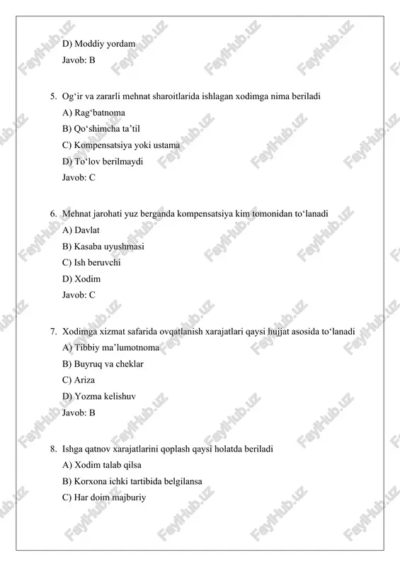 i qo‘shimcha dam d) rag‘bat javob: c 3. qaysi to‘lov xizmat safari kompensatsiyasiga kiradi a) yo‘l xarajatlari b) kredit to‘lovlari c) ovqatlanish knigasi d) sug‘urta to‘lovi javob: a 4. mehnat jarohati to‘lovining asosiy sababi a) maosh sustligi b) xodimga yetkazilgan zarar c) jadval o‘zgarishi d) xodimning shikoyati javob: b 5. kompensatsiya to‘lovlari tartibi qayerda belgilangan a) ichki tartib qoidalarida b) yangi tahrirdagi mehnat kodeksida c) xodim shartida d) hokim qarorida javob: b 6. zararli sharoitlarda ishlagan xodimlarga qanday qo‘shimcha chora ko‘riladi a) og‘zaki rag‘bat b) kompensatsiya yoki ustama c) xayriya puli d) davomat pasaytiriladi javob: b 7. xodimning ish joyiga kelib-ketish kompensatsiyasi qaysi hollarda to‘lanadi a) barcha holatda majburiy b) korxona tomonidan belgilangan tartibga ko‘ra c) xodim xohlasa d) faqat poytaxtda ishlasagina javob: b 8. bayram kunidagi ish uchun qanday talab mavjud a) to‘lanmaydi b) oddiy stavkada to‘lanadi c) ikki baravar miqdorda to‘lanadi d) yilning oxirida to‘lanadi javob: c 9. …