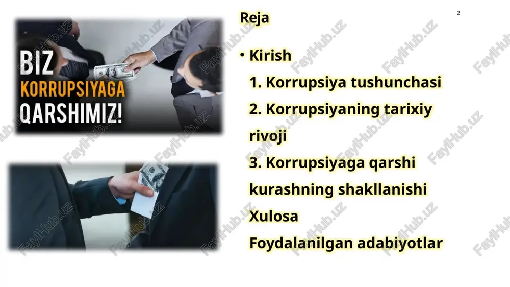a 2. xiyonat va o'zlashtirish 6. iqtisodiy korrupsiya korrupsiyaning tarixiy rivoji 7 korrupsiya insoniyat jamiyatining eng qadimiy va doimiy muammolaridan biri bo'lib, u davlat boshqaruvining har bir bosqichida o'z izini qoldirgan. bu hodisa nafaqat shaxsiy manfaatlar uchun hokimiyatni suiiste'mol qilish shaklida namoyon bo'lgan, balki butun ijtimoiy tuzumning barqarorligiga tahdid solgan. tarixiy rivoj jarayonida korrupsiya shakllari va ko'rinishlari o'zgargan bo'lsa-da, uning mohiyati – resurslar va vakolatlarni shaxsiy foyda uchun yo'naltirish – doimo saqlanib qolgan. qadimgi davlatlarda korrupsiya hodisasining namunalari 8 qadimgi davlatlarning boshqaruv tizimlarida korrupsiya jamiyatning iqtisodiy va siyosiy hayotiga chuqur singib ketgan bo'lib, u ko'pincha sud va ma'muriy organlarda namoyon bo'lgan. masalan, qadimgi misrning birinchi sulolasi (miloddan avvalgi 3100–2700 yillar) davrida sud tizimida korrupsiya holatlari hujjatlashtirilgan. bu davrda sudyalar va amaldorlar sud jarayonlarida poraxo'rlik qilish orqali adolatni buzganlar, bu esa jamiyatning ijtimoiy adolat tamoyillariga putur yetkazgan. o‘rta asrlar davrida korrupsiya ko‘rinishlari 9 o'rta asrlar (v–xv asrlar) davrida korrupsiya feodal tizim …