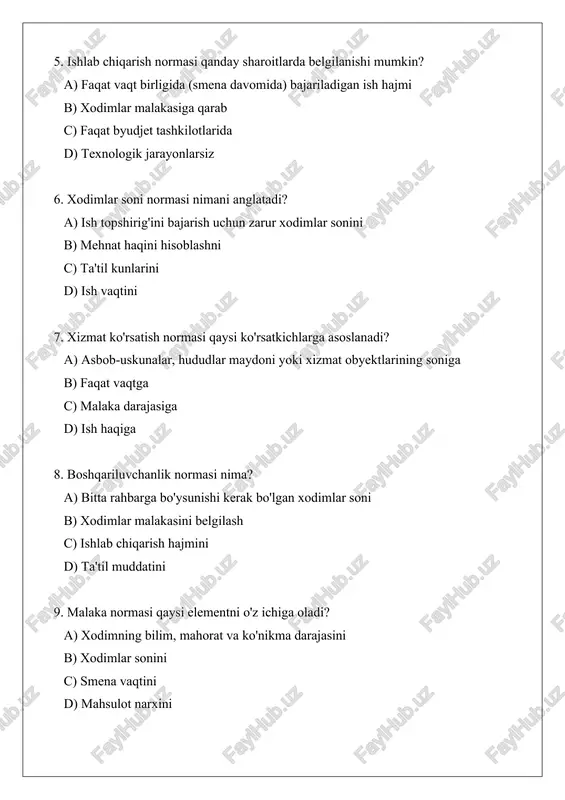 bandlik va mehnat munosabatlari vazirligi (namunaviy normalar uchun) b) faqat mahalliy hokimiyatlar c) xususiy korxonalar tomonidan mustaqil d) sud organlari variant a javoblari: 1-b, 2-b, 3-b, 4-b, 5-a, 6-a, 7-a, 8-a, 9-a, 10-a variant b 1. mehnatni normalashtirish jarayonining asosiy printsipi nima? a) xodimlar huquqlarini cheklash b) mehnat harajatlarining optimal darajasini belgilash va shunga rioya qilish c) faqat ishlab chiqarishni oshirish d) mehnat shartnomasini bekor qilish 2. bozor iqtisodiyoti sharoitida mehnatni normalashtirishning roli qanday? a) xodim va ish beruvchi o'rtasida ishning vaqti, hajmi va mazmunini aniqlashda yordam beradi b) faqat texnologiyani o'zgartirish c) ish joylarini kamaytirish d) haq to'lovni oshirish 3. mehnat kodeksining 273-moddasiga ko'ra, mehnat normasining ikkinchi turi qaysi? a) vaqt normasi b) ishlab chiqarish normasi c) xizmat ko'rsatish normasi d) alohida lavozimlar normasi 4. xodimlar soni normasi nimani hisobga oladi? a) muayyan kasbiy malakaga ega xodimlar sonini ishlab chiqarish topshirig'i uchun b) smena vaqtini c) malaka darajasini d) …