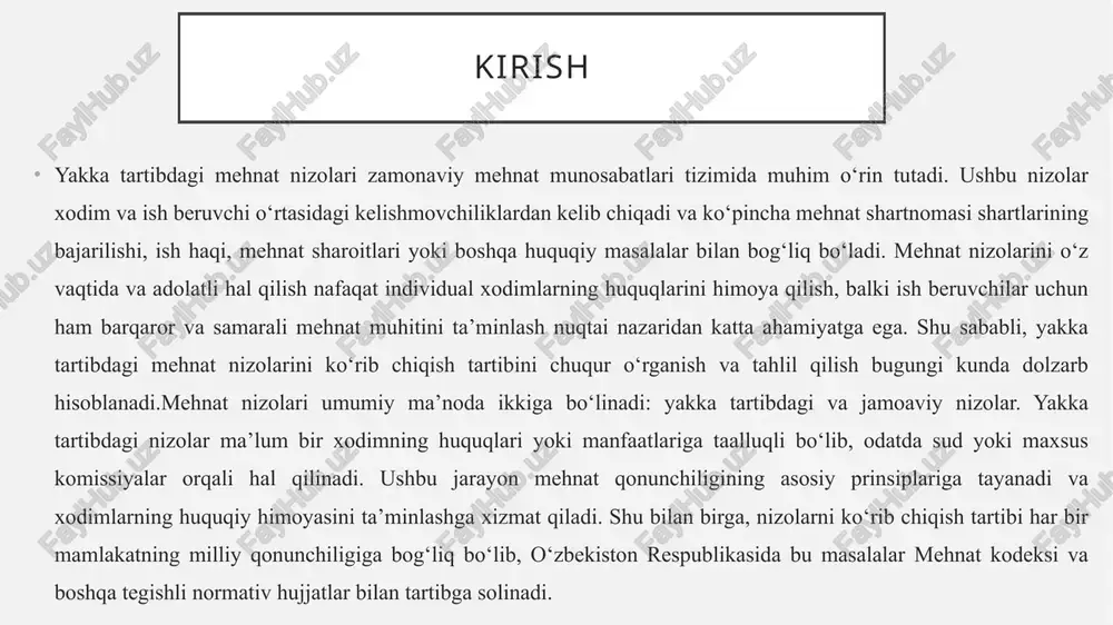 shqa tegishli normativ hujjatlar bilan tartibga solinadi. yakka tartibdagi mehnat nizolari tushunchasi, ta’riflari, farqlari va xususiyatlari mehnat munosabatlari sohasida kelishmovchiliklar yuzaga kelishi tabiiy jarayon bo‘lib, ularning hal etilishi davlat qonunchiligi va mehnat huquqi normalari bilan tartibga solinadi. ushbu munosabatlar doirasida yuzaga keladigan nizolar mehnat nizolari deb ataladi. mehnat nizolari o‘z xususiyatlari va ishtirokchilariga ko‘ra turlarga bo‘linadi, ulardan biri yakka tartibdagi mehnat nizolaridir. ushbu maqolada yakka tartibdagi mehnat nizolarining tushunchasi, ta’riflari, boshqa shakllardan farqlari va ularni hal etishning o‘ziga xos xususiyatlari tahlil qilinadi. tahlil jarayonida dalillar va misollar keltirilib, rasmiy ish uslubida matn tayyorlanadi. yakka tartibdagi mehnat nizolari ish beruvchi va xodim o‘rtasida mehnat to‘g‘risidagi qonunchilikni, normativ hujjatlarni yoki mehnat shartnomasida belgilangan shartlarni qo‘llash yuzasidan kelib chiqadigan kelishmovchiliklar sifatida ta’riflanadi. bu nizolar faqat bitta xodimning huquqlari yoki manfaatlariga taalluqli bo‘lib, jamoaviy xarakterga ega emas. mehnat nizolarining boshqa turli shakllardan farqlari mehnat nizolari umumiy tasnifda ikkiga bo‘linadi: yakka tartibdagi nizolar va jamoaviy …