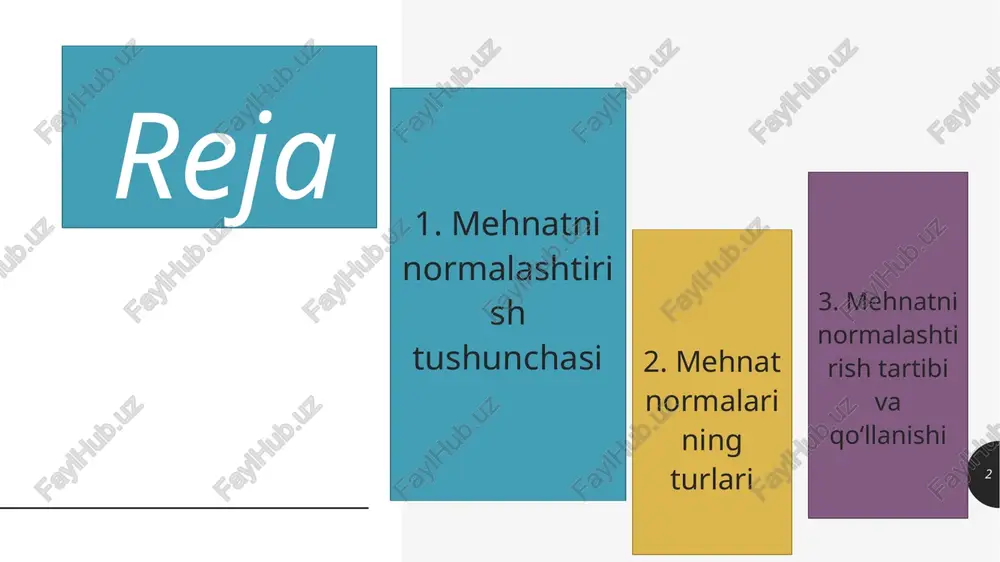 ining muhim tarkibiy qismi bo‘lib, u ishlab chiqarish jarayonlarining samaradorligini oshirish, xodimlarning mehnat sharoitlarini yaxshilash va iqtisodiy natijalarni optimallashtirishga xizmat qiladi. bu jarayon mehnat kodeksi va tegishli normativ hujjatlar asosida amalga oshiriladi, unda mehnat normalari xodimning vaqt, kuch va resurs sarflash darajasini belgilaydi. 9 9 normalashtirish jarayoni tizimli yondashuvni talab etadi va bir necha bosqichdan iborat bo‘lib, har biri oldingi natijalarga asoslanadi. birinchi bosqich – ishlab chiqarish jarayonini tahlil qilish. bu bosqichda korxona faoliyati o‘rganiladi: texnologik jarayonlar, ish joylarining joylashuvi, asbob-uskunalar holati va xodimlarning malakasi baholanadi. 10 normalashtirish jarayonining bosqichlari . 11 mehnat normalarini qayta ko‘rib chiqish holatlari mehnatni normalashtirishning dinamik xususiyatini ta’minlaydi va u texnologik, tashkiliy yoki ijtimoiy o‘zgarishlarga bog‘liq birinchi holat – texnologik yangilanishlar. uchinchi holat – xodimlar shikoyatlari yoki kasaba uyushmalari takliflari to‘rtinchi holat – iqtisodiy omillar ikkinchi holat – ishlab chiqarish tashkilotidagi o‘zgarishlar ish joyida mehnat normalarini belgilash jarayoni korxona ichki tartibiga bog‘liq bo‘lib, u mehnat …