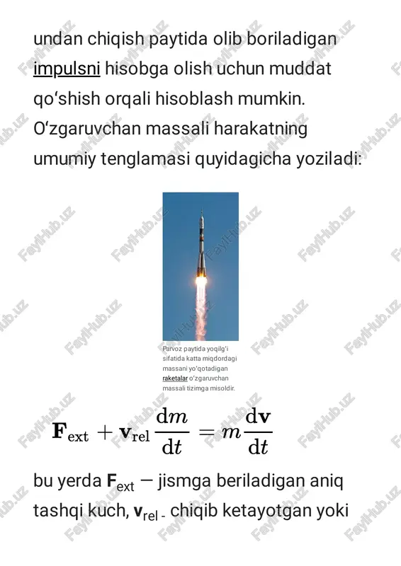 wiki/astrodinamika jismlar zarralar sifatida qabul qilinadi. bundan tashqari, massa toʻplanish/ablasyon hodisalaridan tashqari tanaga tashqi kuchlarni qoʻllashga qodir emas deb taxmin qilinadi. 1 lahzada tezligi u boʻlgan dm massa m massali va v tezlikli asosiy jism bilan toʻqnashmoqchi. dt vaqtdan soʻng, 2 lahzada ikkala zarracha ham bir jism sifatida v+dv tezlik bilan harakatlanadi. quyidagi hosila massa ortib borayotgan jism uchun (akkretsiya). vaqt oʻzgaruvchan massasi m boʻlgan jism t massaning kamayishi https://uz.m.wikipedia.org/wiki/zarra https://uz.m.wikipedia.org/wiki/fayl:variable-mass_system_derivation.svg https://uz.m.wikipedia.org/wiki/fayl:variable-mass_system_derivation.svg https://uz.m.wikipedia.org/wiki/akkretsiya boshlangʻich vaqtida v tezlikda harakat qiladi. xuddi shu lahzada dm massali zarra erga nisbatan u tezlik bilan harakat qiladi. dastlabki impulsni [5] shaklida yozish mumkin. endi t + dt vaqtida asosiy jism ham, zarracha ham v + dv tezlikli jismga toʻplansin. shunday qilib, tizimning yangi impulsi quyidagicha yozilishi mumkin dm dv ikkita kichik qiymatning koʻpaytmasi boʻlganligi sababli, uni eʼtiborsiz qoldirish mumkin, yaʼni dt davomida tizimning impulsi oʻzgaradi. https://uz.m.wikipedia.org/wiki/impuls shuning uchun nyutonning ikkinchi qonuni bilan u — v …
