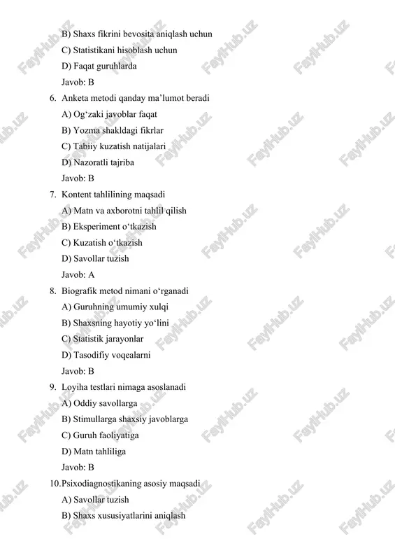 haydi a) faoliyat sur’atini b) fikr va munosabatlarni c) psixologik test natijalarini d) xatti-harakatni javob: b 4. suhbat metodi qaysi turga mansub a) og‘zaki metodlar b) nazariy metodlar c) amaliy metodlar d) matematik metodlar javob: a 5. kuzatishda olimning roli a) faol aralashadi b) sharoitni o‘zgartiradi c) aralashmasdan kuzatadi d) savol beradi javob: c 6. loyiha metodlarida shaxs nimani namoyon qiladi a) fikrlarni yodlaydi b) ichki kechinmalarini c) matnlarni tahlil qiladi d) statistikani o‘qiydi javob: b 7. kontent tahlilida asosiy birlik a) grafik b) matn c) tajriba maydoni d) suhbat javob: b 8. biografik metodda ma’lumot manbasi a) test natijalari b) shaxsning o‘tmishiga oid faktlar c) matnlar d) tajribalar javob: b 9. psixologik testlar qanday bo‘ladi a) standartlashtirilgan b) tasodifiy c) keraksiz d) erkin tuzilgan javob: a 10. tadqiqot metodlarining umumiy vazifasi a) fikr olish b) ruhiy jarayonlarni ilmiy o‘rganish c) matnlarni yig‘ish d) qoidalarni yodlash javob: b