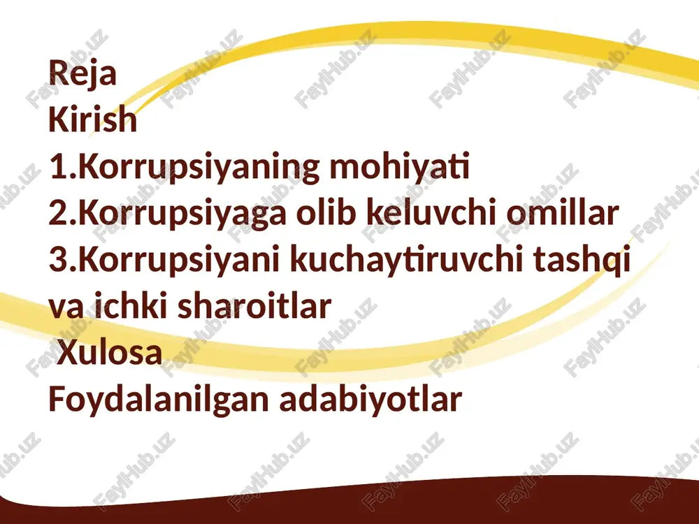 ning zaiflashishiga sabab bo'lgan. zamonaviy dunyoda korrupsiya xalqaro tashkilotlar tomonidan aniq ta'riflangan. transparency international tashkilotining ta'rifiga ko'ra, korrupsiya – bu ishonchli vakolatdan shaxsiy foyda olish uchun suiiste'mol qilishdir. uning asosiy belgilari korrupsiyaning asosiy belgilari uning mohiyatini aniqlashda muhim rol o'ynaydi. birinchi belgi – vakolatdan shaxsiy manfaat uchun foydalanish. bu amaldorning rasmiy lavozimini oilasi, do'stlari yoki biznes sheriklari foydasiga ishlatishidir. masalan, davlat kompaniyasi rahbari tenderda o'z yaqiniga ustunlik berishi. ikkinchi belgi – yashirinlik. korrupsiya ochiq emas, u maxfiy shartnomalar, offshor hisoblar yoki vositachilar orqali amalga oshiriladi. uchinchi belgi – o'zaro manfaat almashinuvi. pora beruvchi va oluvchi o'rtasida "sen menga – men senga" printsipi ishlaydi. to'rtinchi belgi – qonunbuzarlik. korrupsiya har doim huquqiy me'yorlarni buzadi, garchi ba'zida u "qonuniy korrupsiya" (lobbying) shaklida yashirin bo'lsa ham.korrupsiyaning belgilari turli darajalarda namoyon bo'ladi. davlat darajasida u siyosiy korrupsiya sifatida ko'rinadi: saylovlarda ovozlarni sotib olish yoki qonunlarni shaxsiy foyda uchun o'zgartirish. iqtisodiy darajada – monopoliyalar yaratish …