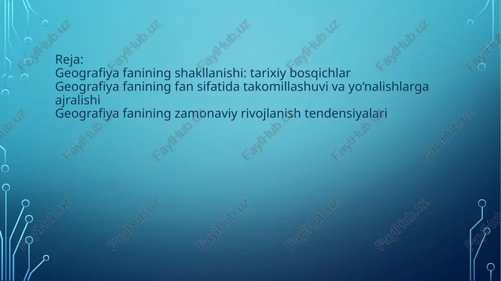 geografiyasi), kosmos yershunosligi kabi sohalar ham vujudga keldi. yer sunʼiy yoʻldoshlari va kosmik kemadan turib yer yuzasining suratini olish va xaritasini tuzish usullari ham yaratildi. geografiya eng qadimgi fanlardandir. odamzod paydo boʻlgandan keyin muayyan davr oʻtgach, tabiiy muhit bilan jamiyatning oʻzaro munosabatlari natijasida, ovchilik, yerni ishlash va savdo-sotiq ehtiyojlariga koʻra yaqin-uzoq masofalarga borib kelish, tevarak-atrofni bilish va turli-tuman xalklar oʻrtasida oʻzaro muomala qilish boshlangan. mil. av. qadimgi dunyoning madaniyat markazlarida (turon, shimoliy hindiston, xitoy, bobil va ossuriya, misr va yunonistonda) dastlabki ilmii xulosalarga erishildi. doira 360 gradusga boʻlindi, sutka 24 soat deb belgilandi, geografik kenglik va uzunlik ifodalari yuzaga keldi. yer shar shaklida degan fikr maydonga keldi (yunon olimlari fales, pifagor, eratosfen va aristotel), dastlabki globus va ibtidoiy xarita yasaldi (anaksimandr), dunyo qitʼalariga nom berildi. iskandariyalik matematik va geograf eratosfen (mil. av. iii-asrda) yer aylanasining uzunligini oʻlchab koʻrgan va yer meridianining (hoz. oʻlchov birligida) 39816 km ligini aniqlagan. bu esa …