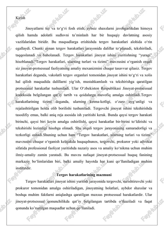 amaliy ko‘nikma uchun muhim ilmiy-amaliy zamin yaratadi. bu mavzu nafaqat jinoyat-protsessual huquq fanining markaziy bo‘limlaridan biri, balki amaliy hayotda har kuni qo‘llaniladigan muhim institutdir. tergov harakatlarining mazmuni tergov harakatlari jinoyat ishini yuritish jarayonida tergovchi, surishtiruvchi yoki prokuror tomonidan amalga oshiriladigan, jinoyatning holatlari, aybdor shaxslar va boshqa muhim faktlarni aniqlashga qaratilgan maxsus protsessual harakatlardir. ular jinoyat-protsessual qonunchilikda qat’iy belgilangan tartibda o’tkaziladi va faqat qonunda ko’rsatilgan maqsadlar uchun qo’llaniladi. tergov harakati deganda nafaqat guvohlarni so’roq qilish, tintuv o’tkazish yoki ekspertiza tayinlash tushuniladi, balki har qanday dalil to’plash, tekshirish va baholashga oid faoliyat ham nazarda tutiladi. masalan, jinoyat joyini ko’zdan kechirish tergov harakatining eng muhim turlaridan biri bo’lib, unda moddiy dalillar (izlar, buyumlar, hujjatlar) yig’iladi va dastlabki tahlil qilinadi. bu harakatlar jinoyatning obyektiv haqiqatni aniqlash prinsipiga asoslanadi.tergov harakatlari majburiy xususiyatga ega emas, ya’ni ular faqat qonuniy asoslar mavjud bo’lganda va qat’iy tartibda o’tkaziladi. har bir harakat protokollashtiriladi, unda ishtirok etgan shaxslar, vaqt, joy …