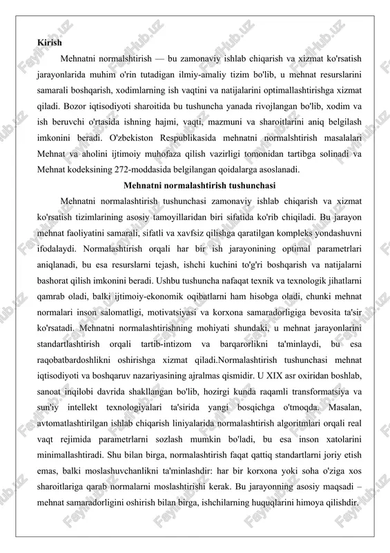 siya va sun'iy intellekt texnologiyalari ta'sirida yangi bosqichga o'tmoqda. masalan, avtomatlashtirilgan ishlab chiqarish liniyalarida normalashtirish algoritmlari orqali real vaqt rejimida parametrlarni sozlash mumkin bo'ladi, bu esa inson xatolarini minimallashtiradi. shu bilan birga, normalashtirish faqat qattiq standartlarni joriy etish emas, balki moslashuvchanlikni ta'minlashdir: har bir korxona yoki soha o'ziga xos sharoitlariga qarab normalarni moslashtirishi kerak. bu jarayonning asosiy maqsadi – mehnat samaradorligini oshirish bilan birga, ishchilarning huquqlarini himoya qilishdir. mehnat normalari nima mehnat normalari – bu mehnat jarayonining samarali va sifatli bajarilishi uchun zarur bo'lgan minimal vaqt, resurs va kuch sarfi miqdorini belgilovchi ko'rsatkichlardir. ular mehnat faoliyatini miqdoriy va sifatli baholashning asosiy vositasi bo'lib, ish jarayonini tizimli tartibga solishga xizmat qiladi. mehnat normalari turli shakllarda ifodalanadi: vaqt normalari (bir ishni bajarish uchun sarflanadigan vaqt), chiqish normalari (ma'lum vaqt ichida erishiladigan natija miqdori), iste'mol normalari (materiallar yoki energiya sarfi) va sifat normalari (natijaning belgilangan standartlarga mosligi). masalan, konveyer liniyasida ishlaydigan ishchi uchun …