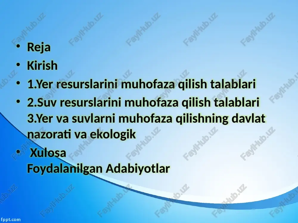chi bebaho tabiiy kapitaldir. mamlakatning qurg‘oqchil iqlimi, cheklangan suv resurslari va aholining o‘sib borayotgan ehtiyojlari yer resurslarini muhofaza qilish talablarini doimiy ravishda kuchaytirib bormoqda. . degradatsiya, sho‘rlanish va eroziya xavflari yer resurslarining eng jiddiy tahdidi antropogen va tabiiy omillarning birgalikdagi ta’siri natijasida yuzaga keladigan degradatsiya jarayonlaridir. sug‘oriladigan yerlarning 51,8 foizi (2,24 million gektardan ortiq) turli darajada sho‘rlangan holatda bo‘lib, eng yuqori ko‘rsatkichlar qoraqalpog‘iston respublikasida (80 %), xorazm viloyatida (65–70 %), buxoro, navoiy va jizzax viloyatlarida qayd etilgan. sho‘rlanishning asosiy sabablari quyidagilar: sug‘orish normalarining buzilishi, suvning haddan tashqari sarflanishi, drenaj-kollektor tarmoqlarining 60–70 foizi eskirganligi va ishlamay qolishi, yer osti suvlarining 1–2 metr chuqurlikda ko‘tarilishi, g‘o‘za monokulturasining 30–40 yil davom etishi, mineral o‘g‘itlardan muvozanatsiz foydalanish. natijada tuproqning fizik-kimyoviy xususiyatlari keskin yomonlashmoqda, hosildorlik 20–40 foizga pasaymoqda.eroziya jarayonlari ikkinchi katta xavf hisoblanadi. tog‘ va tog‘ oldi hududlarida (surxondaryo, qashqadaryo, samarqand, toshkent viloyatlari) suv eroziyasi, cho‘l va yarim cho‘l zonalarida (qoraqalpog‘iston, navoiy, buxoro) shamol eroziyasi …