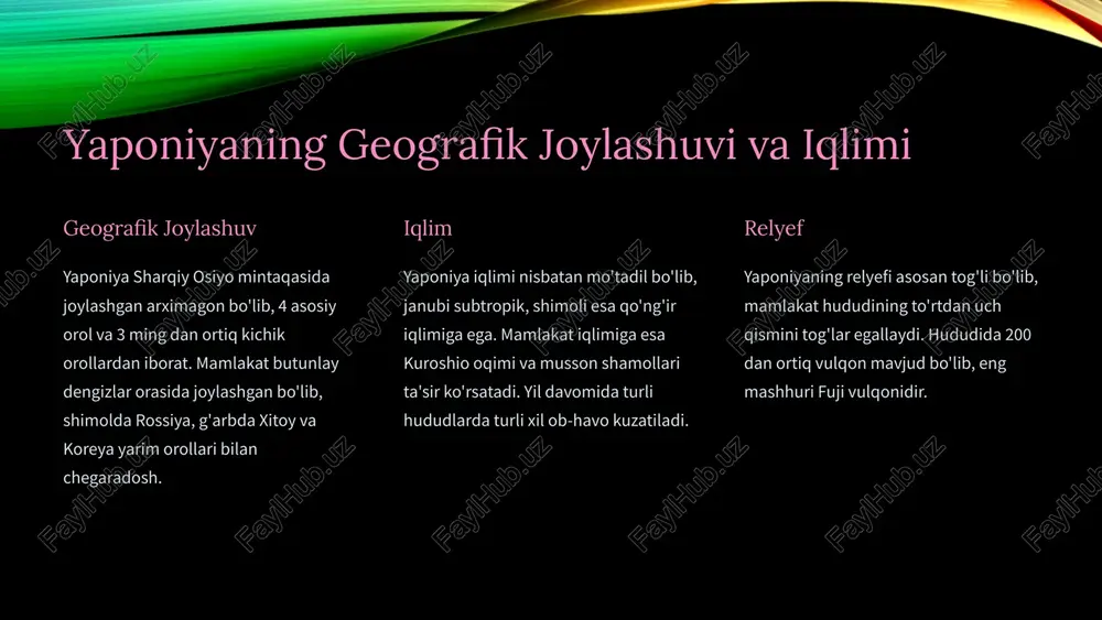 a tarqaldi. aniq syujeti, jozibali personajlari va tasviriy jihatdan ajoyib badiiy uslubi butun dunyodan millionlab tomoshabinlarni o'ziga jalb qiladi. anime ko'pincha o'yin-kulgi sifatida qaralsa-da, u ajoyib yapon madaniyatini namoyish etish qobiliyatiga ega. yaponiya tarixi, mifologiyasi va ijtimoiy urf-odatlari yapon madaniyatini aks ettiruvchi anime qahramonlari va hikoyalarini yaratish uchun ilhom manbai bo'lib xizmat qiladi. 4 yaponiya anime san’ati anime dunyo miqyosidagi hodisaga aylandi va odamlarning unga qiziqishi ortib bormoqda. u madaniyatlar o'rtasida ko'prik vazifasini o'taydi va butun dunyo bo'ylab tomoshabinlarni yapon madaniyatining chuqurligi va xilma-xilligi bilan tanishtiradi. hikoya va badiiy chegaralar hali ham anime ijodkorlari tomonidan kuchaytirilmoqda, ular nafaqat estetik jihatdan ajoyib, balki hissiy jihatdan ham jozibali asarlar yaratadilar. anime ajoyib yapon madaniyatini ta'kidlash qobiliyati tufayli yaponiyaning global madaniy ta'sirining muhim tarkibiy qismi bo'lib qolmoqda. 5 yaponiya turizm markazlari tokyo jahon mamlakatlarining eng mashhur va ulkan shahri bo'lib, mol va reklama sanoati markazi hisoblanadi. kyoto tarixiy qadimgi poytaxt bo'lib, yaponiyaning an'anaviy …