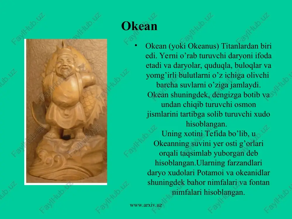 singlisi va xotini bo’lgan. www.arxiv.uz www.arxiv.uz kronos kronos (yoki xronos) vaqtni ifodalovchi ibtidoiy xudo bo’lib, o’z-o’zidan paydo bo’lgan. kronos jismsiz xudo sifatida ifodalangan bo’lib, uch boshli ilon buqa, sher va inson qiyofasida ham tasvirlangan. www.arxiv.uz www.arxiv.uz ciklopi birinchi cikloplar uchda o’lmas gigantlar bo’lib,yagona ko’zlari sharsimon mahluqlardir. ular uran va geyaning farzandlaridir. www.arxiv.uz www.arxiv.uz titanlar bular oltita katta vaqt xudolari bo’lib, ularning ismlari kronos, koios, krios, iapetos va okeanos bo’lgan. olimp xudolari hukmronligi o’rnatilmasdan oldin ular kosmosni boshqarib turishgan. www.arxiv.uz www.arxiv.uz muzalar grek mifologiyasida muzalar san’at yaratilishining xudolari hisoblangan. ular suv nimfalari gelikon va parisning jilg’alari hisoblangan. olimp xudolari appolonni ularning rahbari sifatida tayinlashgan.hozir muza so’zi ilhom parisi sifatida tasvirlanadi. www.arxiv.uz www.arxiv.uz demetra demetra olimp xudosi bo’lib, qishloq xo’jaligi, bug’doy, non homiysi bo’lgan.u shuningdek, narigi dunyoda baxtli hayot kechirishni ta’minlab bergan.demetra qo’lida bug’doy boshog’ini ushlab turgan kelishgan ayol sifatida tasvirlangan. www.arxiv.uz www.arxiv.uz poseydon poseydon olimpning dengiz, daryolar, qurg’oqchilik, zilzila va otlarning …