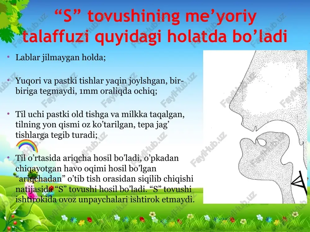 h sada sapcha sim rais sath asal six maxsi sayl kosa sinf kursi savat kasal siniq sel saman maysa sigir serka sarob nafas sichqon semiz sahro atlas silliq sevara saroy qafas hosil sersuv sariq tasma kosib sergap sahna ananas musicha so’zlarda mustahkamlash soy somon mos surat soch sochiq tos surnay sop sovg’a libos sumalak soya osmon charos supurgi soat kosov meros ustun soqol bosma olmos tovus sovuq qassob suv globus sovun to’qson sut avtobus sohil timsoh suli so’ta somsa rassom supa so’roq gaplarda mustahkamlash samad sahnaga chiqdi. sahroda sarob. oyim isiriq soldilar. o’sma soyada o’sadi. supani supurdim. suvda suvilon. rassom sohilda rasm chizdi. sariyogning rangi sariq. qofiyali sof nutq mashqi sa-sa-sa-mana sizga issiq somsa. as-as-as-chiroylidir xonatlas. sal-sal-sal-ari beradi asal. si-si-si-buvim kiyadi maxsi. os-os-os-bejirim libos. us-us-us-qushlar go’zali tovus. sak-sak-sak-qo’lda bo’ladi tirsak. “s” tovushiga oid topishmoqlar qolishmaydi zavoddan, sut, yog’ ishlar yem, o’tdan. uchganda yengil qushim, qo’nganda og’ir qushim. “s” tovushiga oid …
